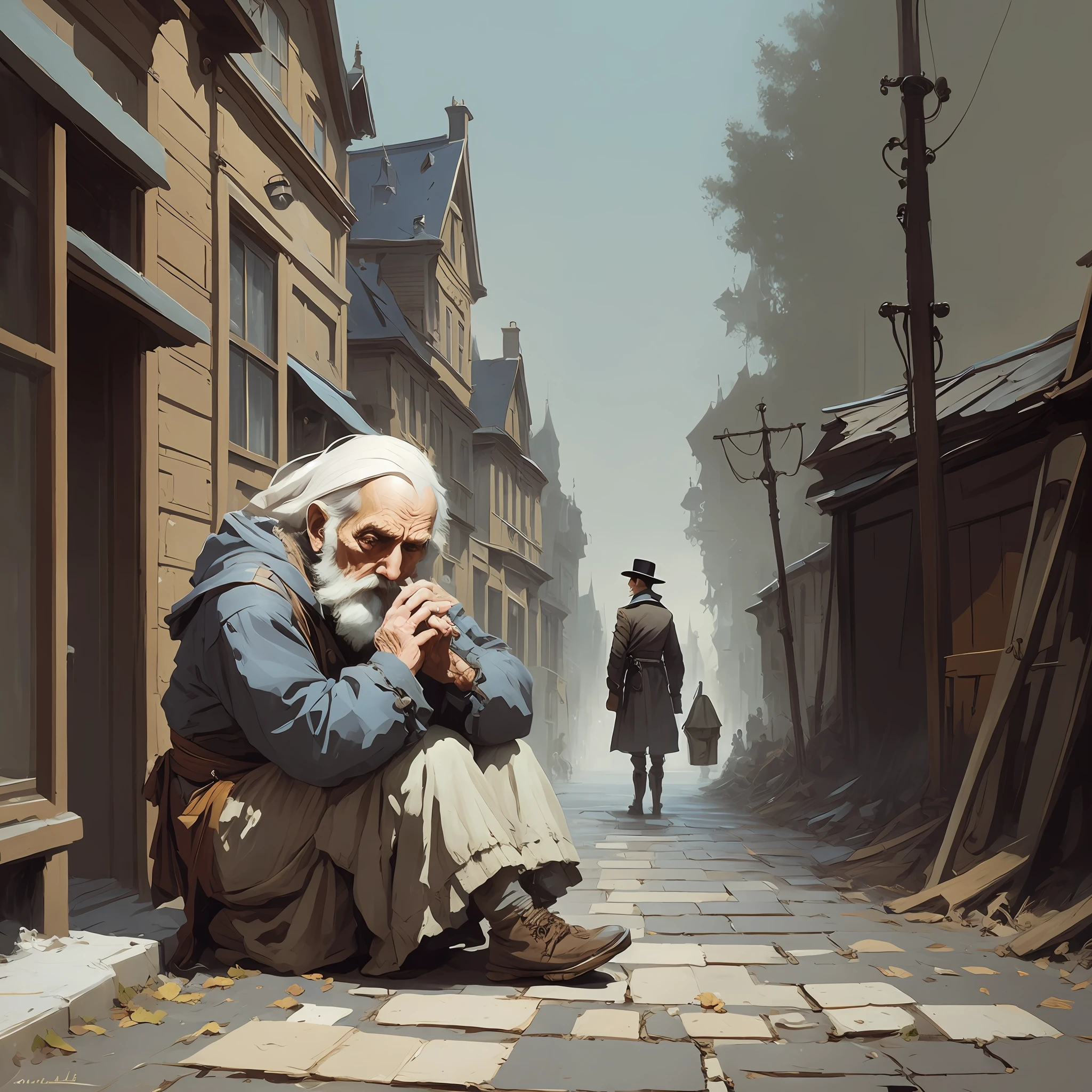 there is a man sitting on the sidewalk with a camera, inspired by Carl Spitzweg, by Marius Borgeaud, stefan koidl inspired, inspired by Marius Borgeaud, inspired by Jean Béraud, by Vincent Lefevre, martin raphael lacoste, ross tran and michael whelan, by Raphael Lacoste, style of raphael lacoste