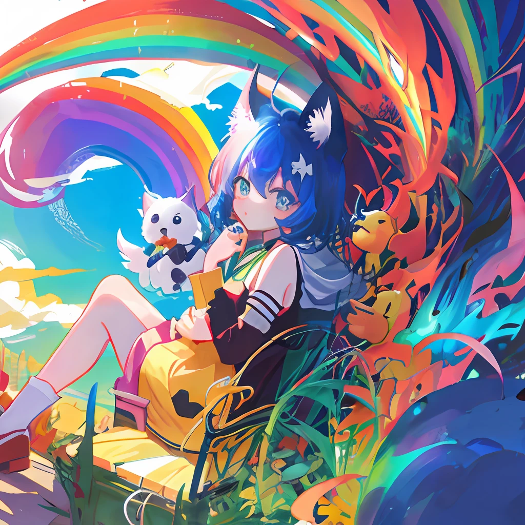 Cerberus, rainbow, anime, monster, cute