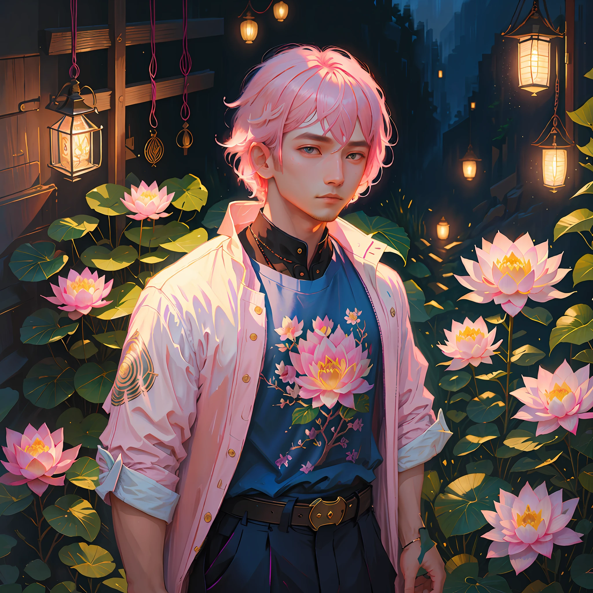 Masterpiece, boy, pink hair, genshin impact, sumeru clothes, cropped, lotus flower, flowers, thunder, book, light, HD, good quality