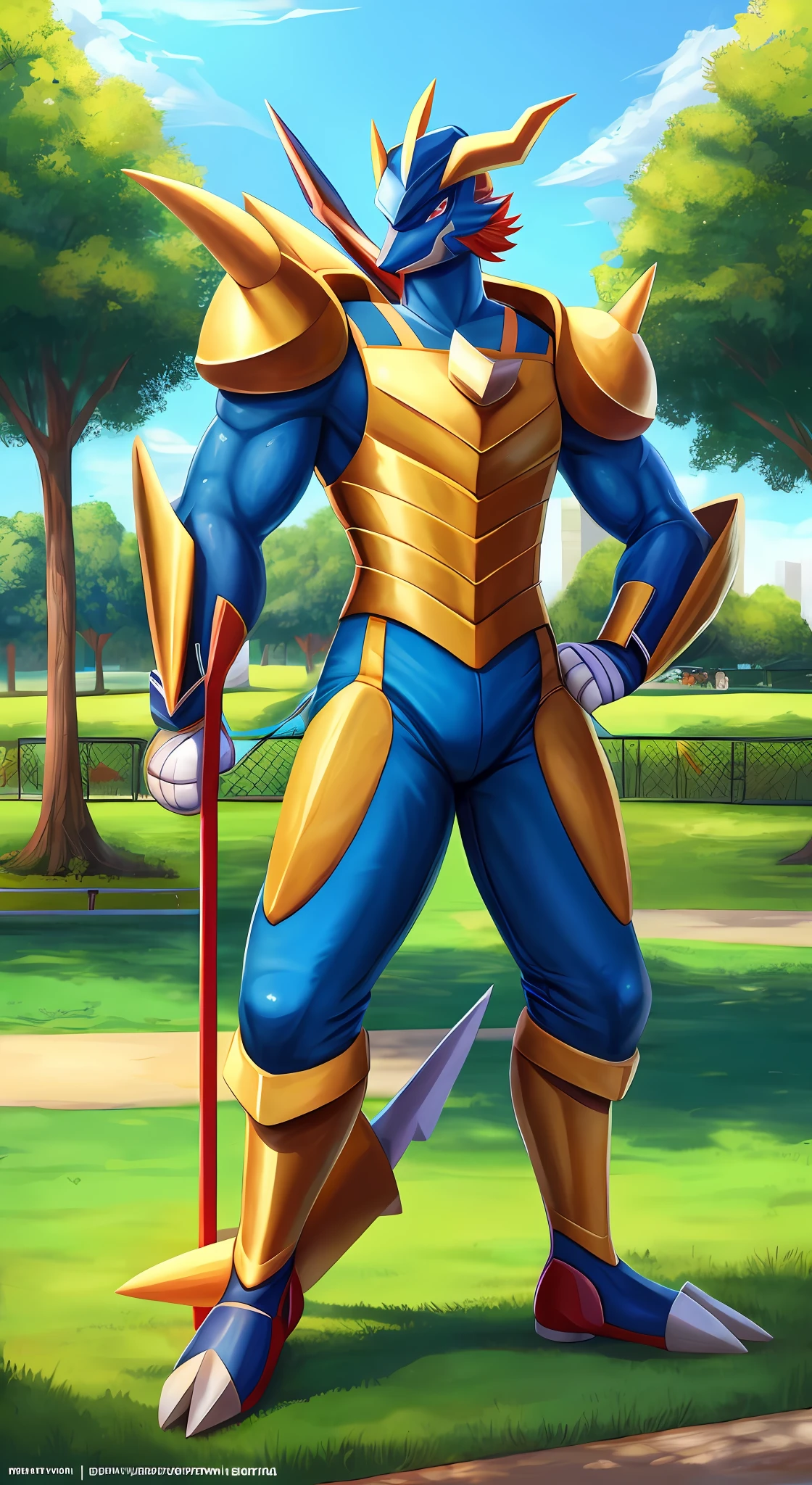 Samurott (pokemon), detailed,1man, best quality masterpiece, beautiful art style, park, public, pokemon,fencing clothing, slender, fencing,