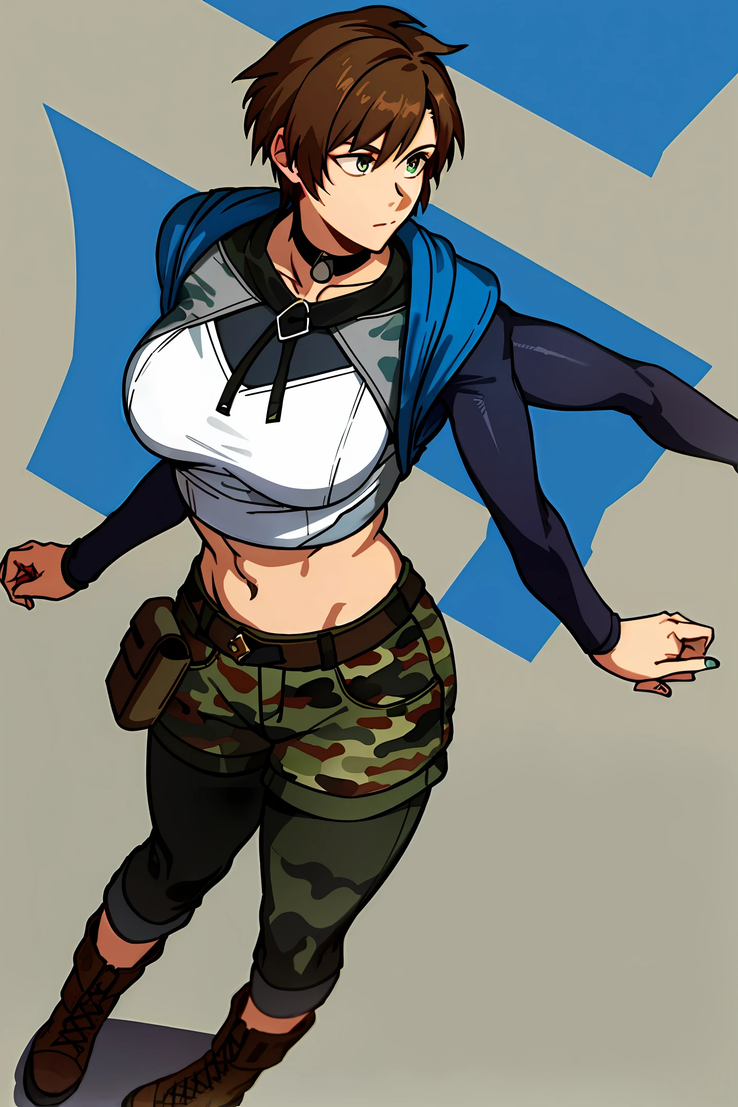 One woman, short hair, hair color brown, cool vibe, wearing a blue sleeveless hoodie on top, wearing camouflage cargo pants below, wearing combat boots, wearing a choker around her neck,