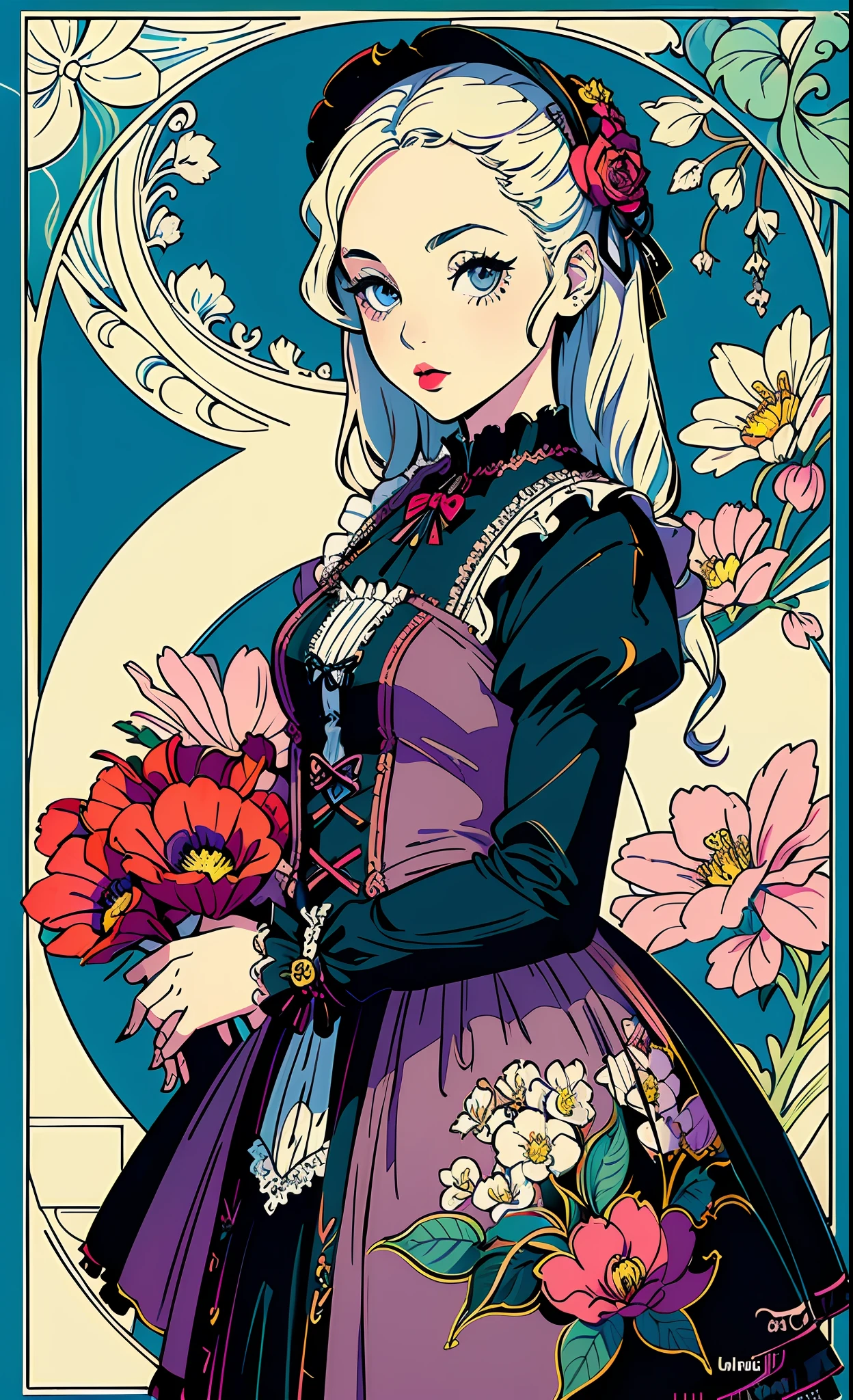 (masterpiece, top quality, best, official art, beautiful and aesthetic:1.2),
1girl, (pop art:1.4), (zentangle, flower effects:1.2), (art nouveau:1.1),(Gothic Lolita:1.3)