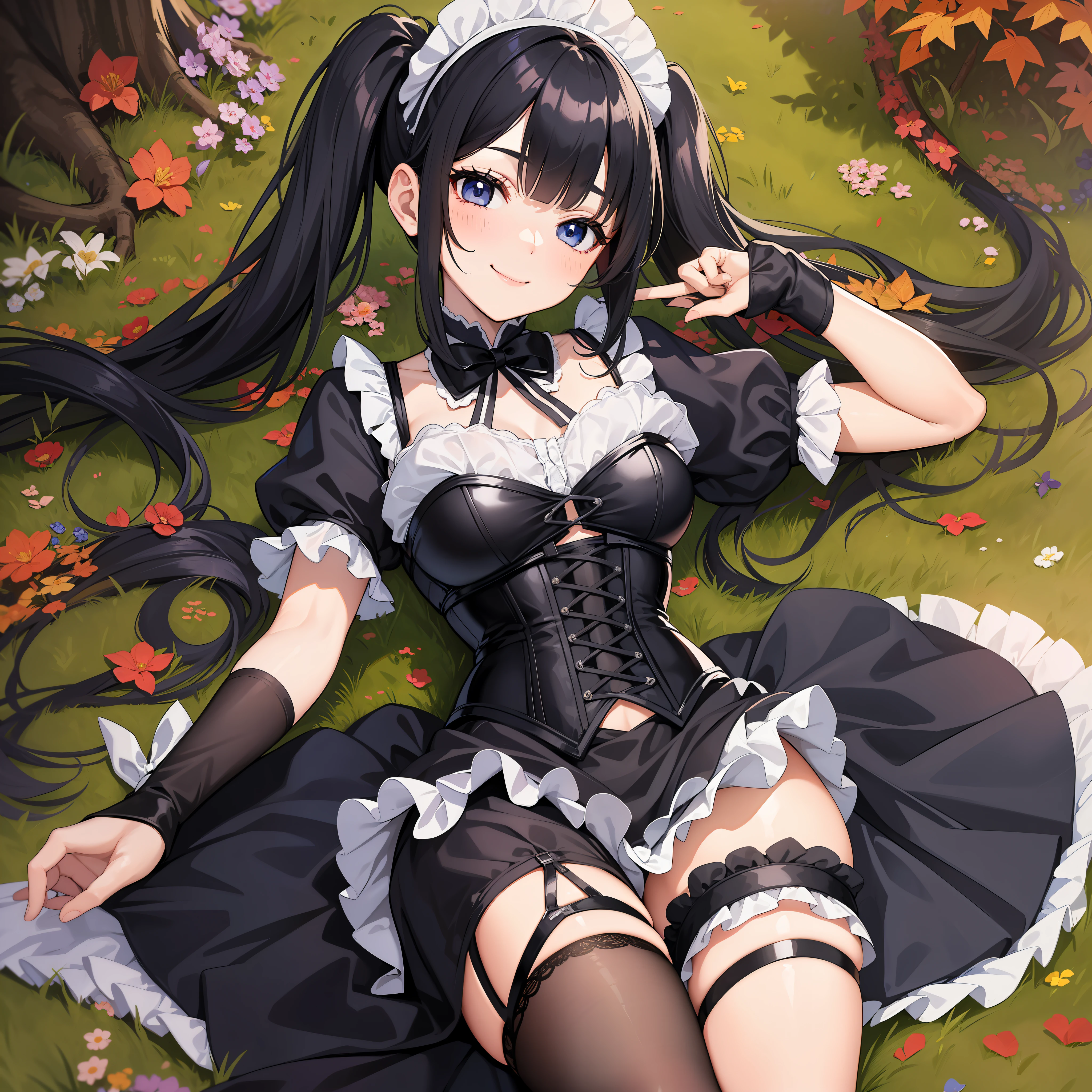 30 years age women, wear maid corset dress, stocking, perfect face, beautiful eyes, black long Hair in two pigtails, midnight, sleeping Under the tree, sexy, smile, black eyes, variation angle,