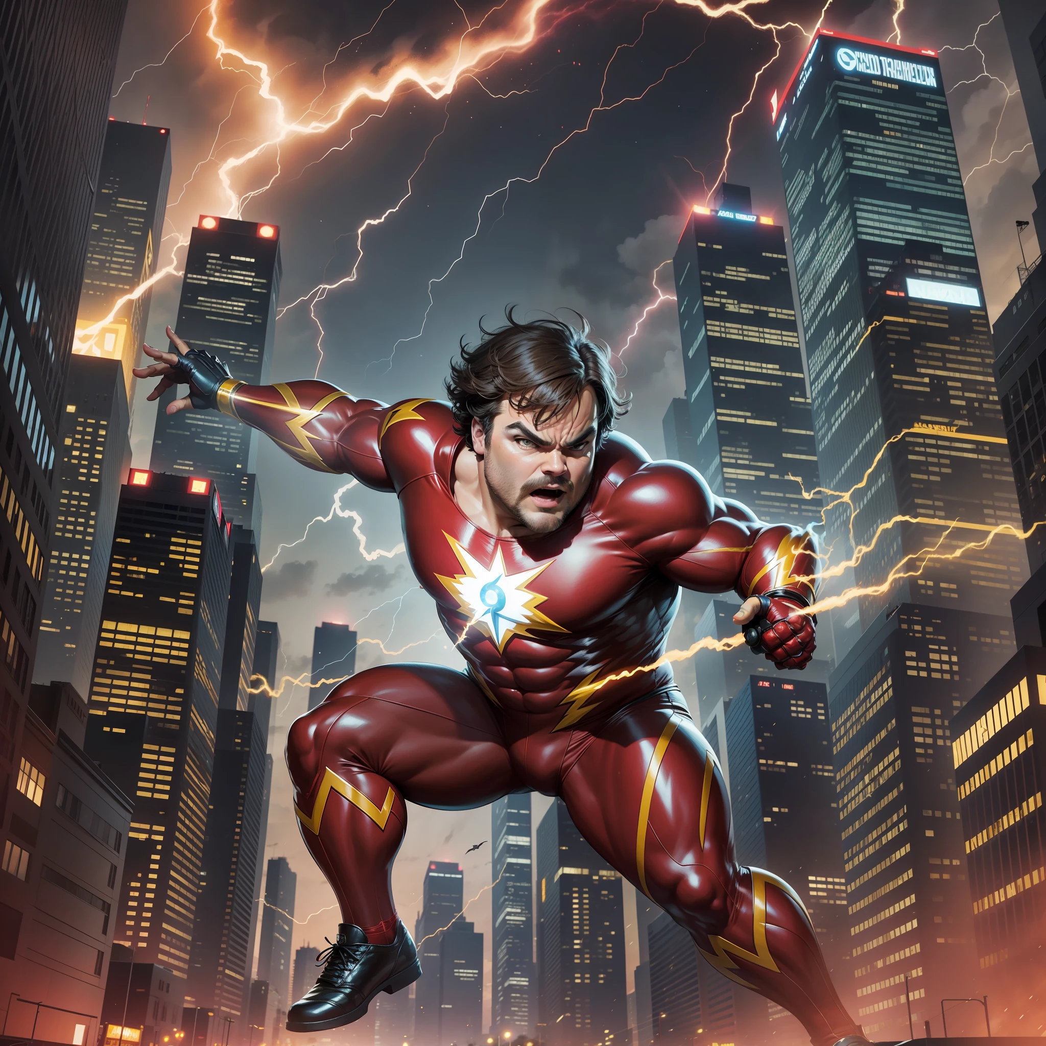 Jack Black as Flash, DC comics, red superhero suit, yellow lightning, city background, night, superhero action movie poster