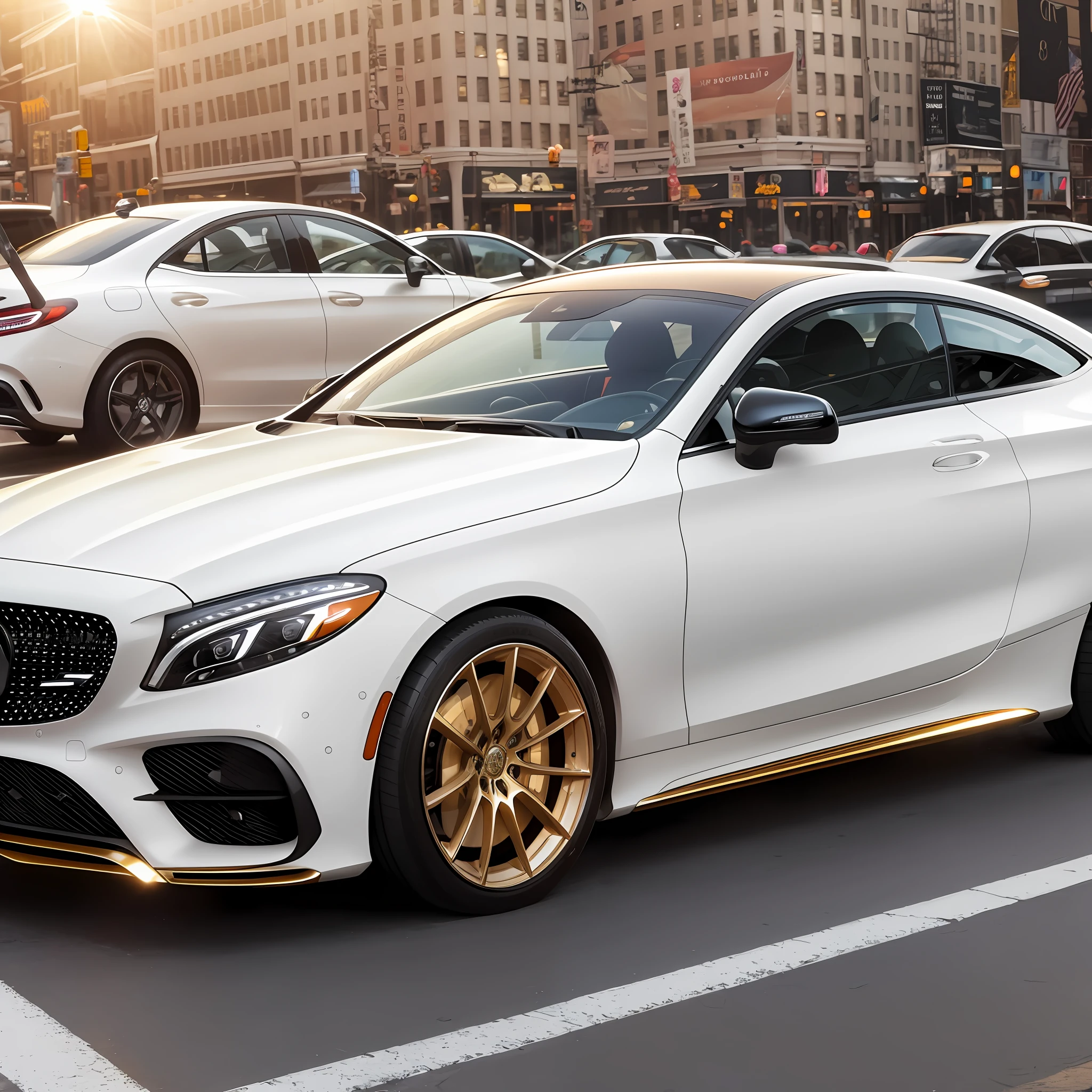 A benz 2023 white C300 COUPE gold sunset on a thriving street in New York Long-haired beauty watching the car pass by Realism Delicate skin High resolution --auto --s2