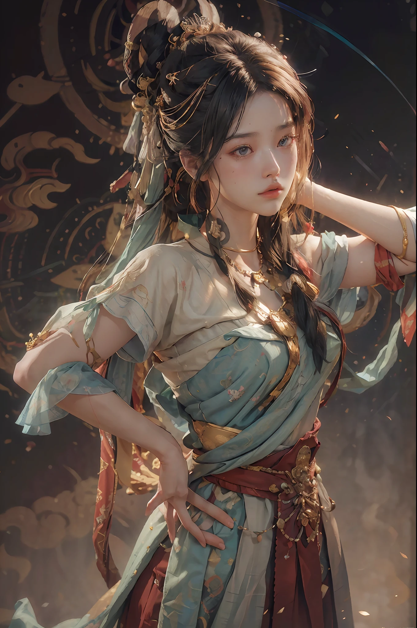 (RAW photo, best quality), (realistic, photo-realistic:1.3),best quality,highly detailed,masterpiece,ultra-detailed,illustration,1girl,upper_body,dynamic angle,world masterpiece theater,messy_long_hair,best quality,extremely detailed CG unity 8k wallpaper,ink,Amazing,cinematic lighting,lens_flare, dunhuang_style