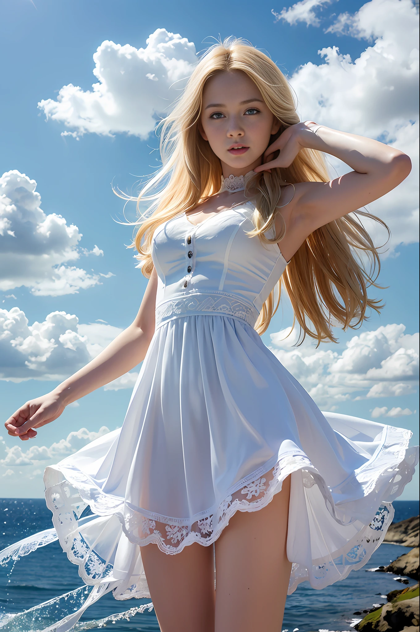 Top quality, masterpiece, ultra high resolution, (photorealistic: 1.4), raw photo, 1girl, blonde hair, blue eyes, detailed eyes and face, neat and clean image, white simple lace dress, dynamic lighting, bright, blue sky, white clouds, shining sun, cobalt blue sea, full body, beautiful legs, long legs, slim