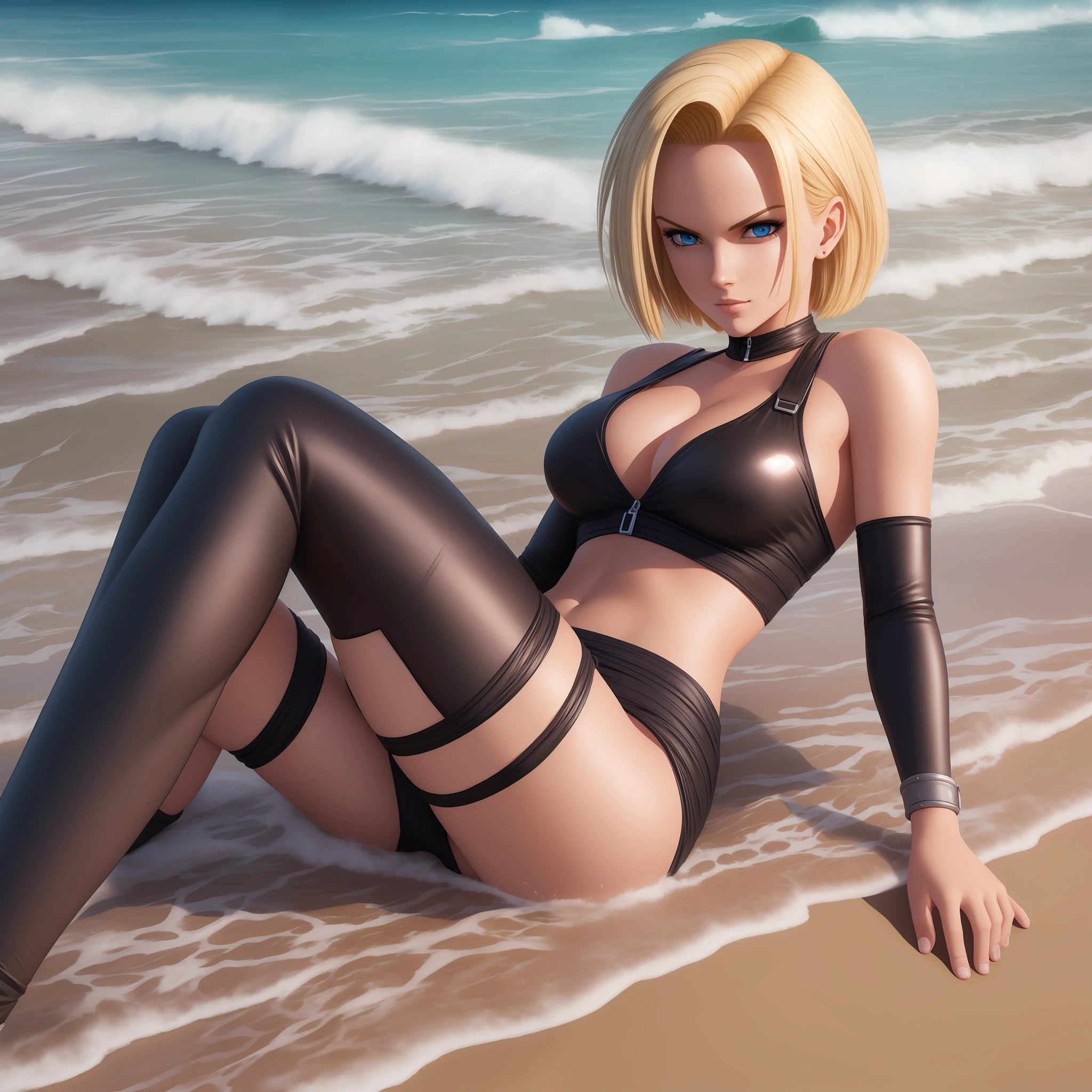 Android 18 beautiful sexual on the beach super realistic and well detailed