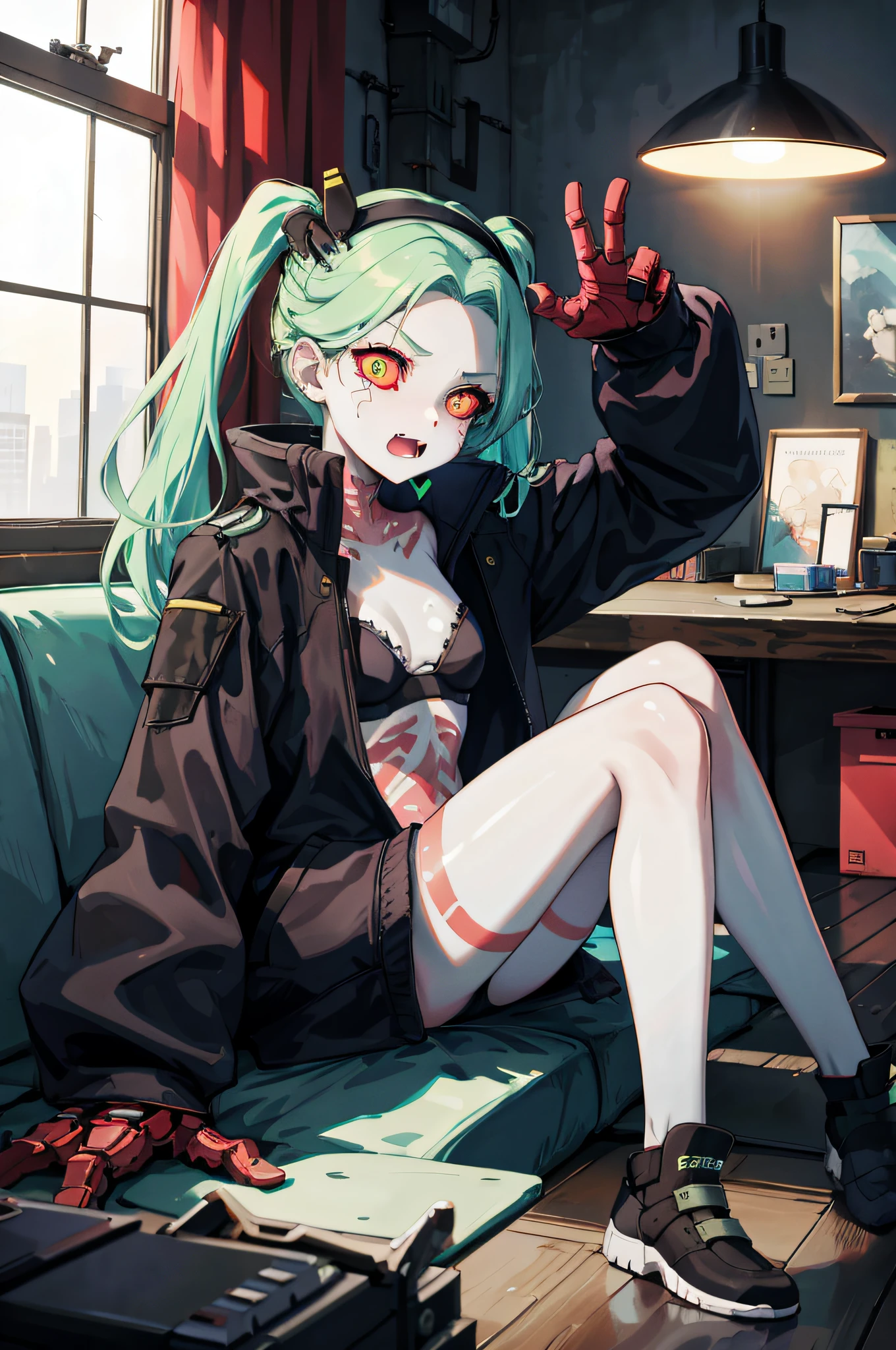 masterpiece, best quality, highres, 1girl, rebecca \(cyberpunk\), solo, twintails, hairband, mechanical eye, colored sclera, red sclera, colored skin, white skin, leg tattoo, neck tattoo, green hair, long hair, small breasts, underwear, fang, red pupils, skin fang, red eyes, black jacket, indoors, mechanical hands, sitting,