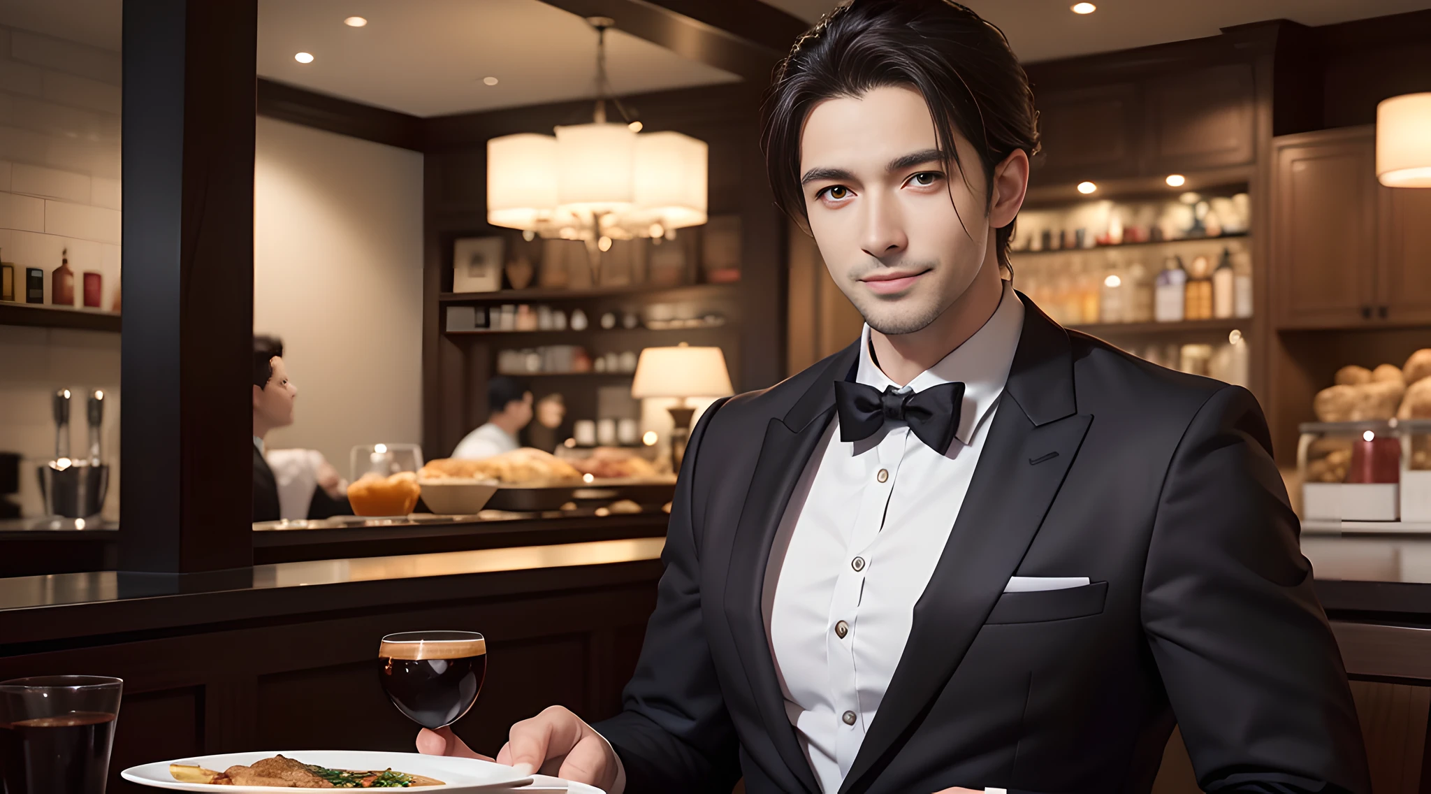 (heas shot), (handsome man in his 30s), (showing breasts, 6-pack abs), handsome muscular waiter in prestigious restaurants, he is in his 30s, food and drink, mischievous smile, (details: 1 1), natural muscles, high quality, beautiful eyes, (detailed face and eyes), ( No face: 1 2), noise, real photo、... PSD, Sharp Focus, High Resolution 8k, Real & Professional Photography, 8K UHD, Soft Lighting, High Quality, Film Grain, FUJIFILM XT3