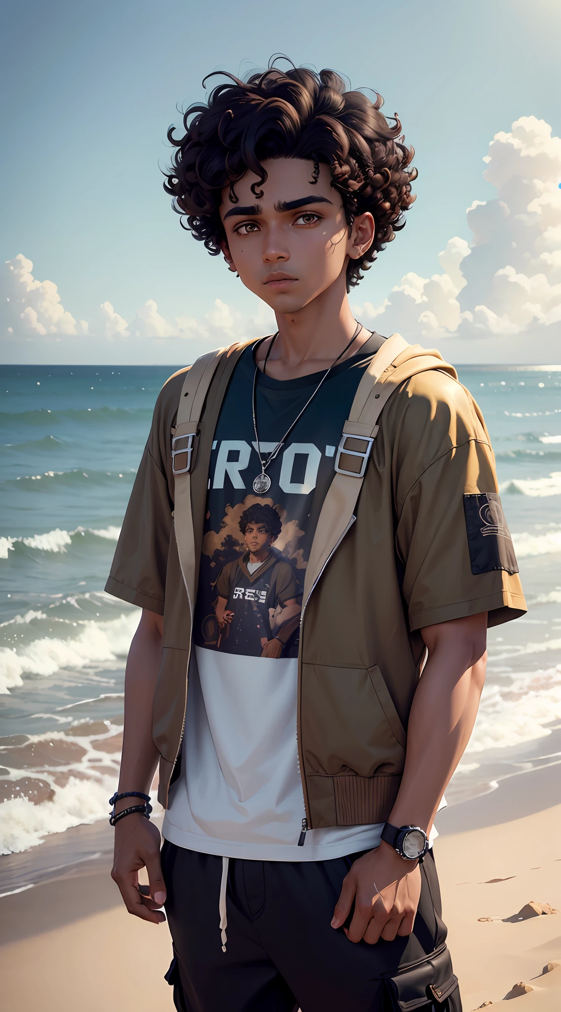 Brown boy, streetwear outfit, pixaim hair, curly curly hair, fingers, no beard, no mustache, short hair, looking at horizon, (anime style) (masterpiece:1.2) (best quality) (detailed skin) (detailed texture) (8k) (claymation) (cinematic lighting) (sharp focus)