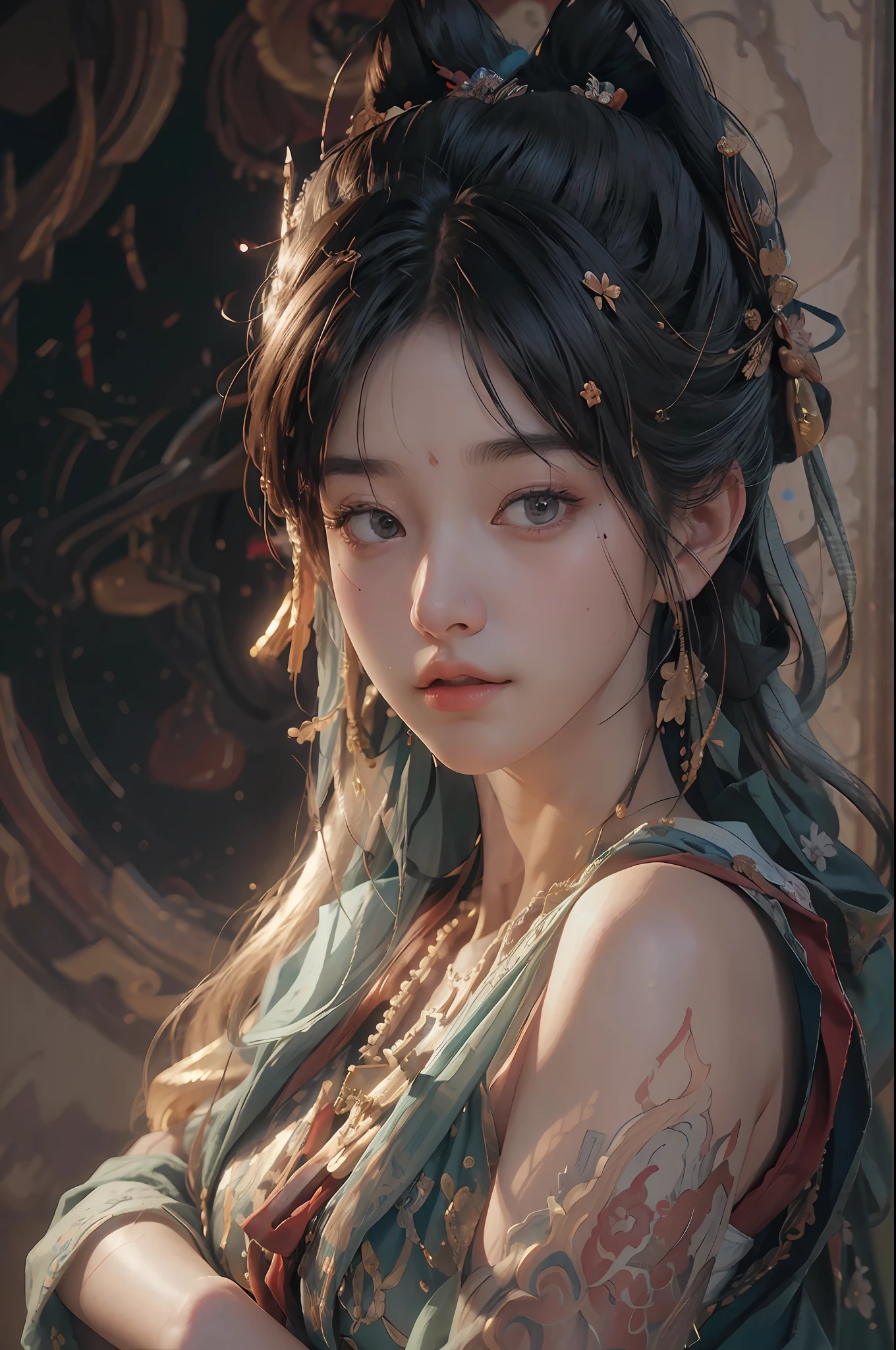 (RAW photo, best quality), (realistic, photo-realistic:1.3),best quality,highly detailed,masterpiece,ultra-detailed,illustration,1girl,upper_body,dynamic angle,world masterpiece theater,messy_long_hair,best quality,extremely detailed CG unity 8k wallpaper,ink,Amazing,cinematic lighting,lens_flare, dunhuang_style