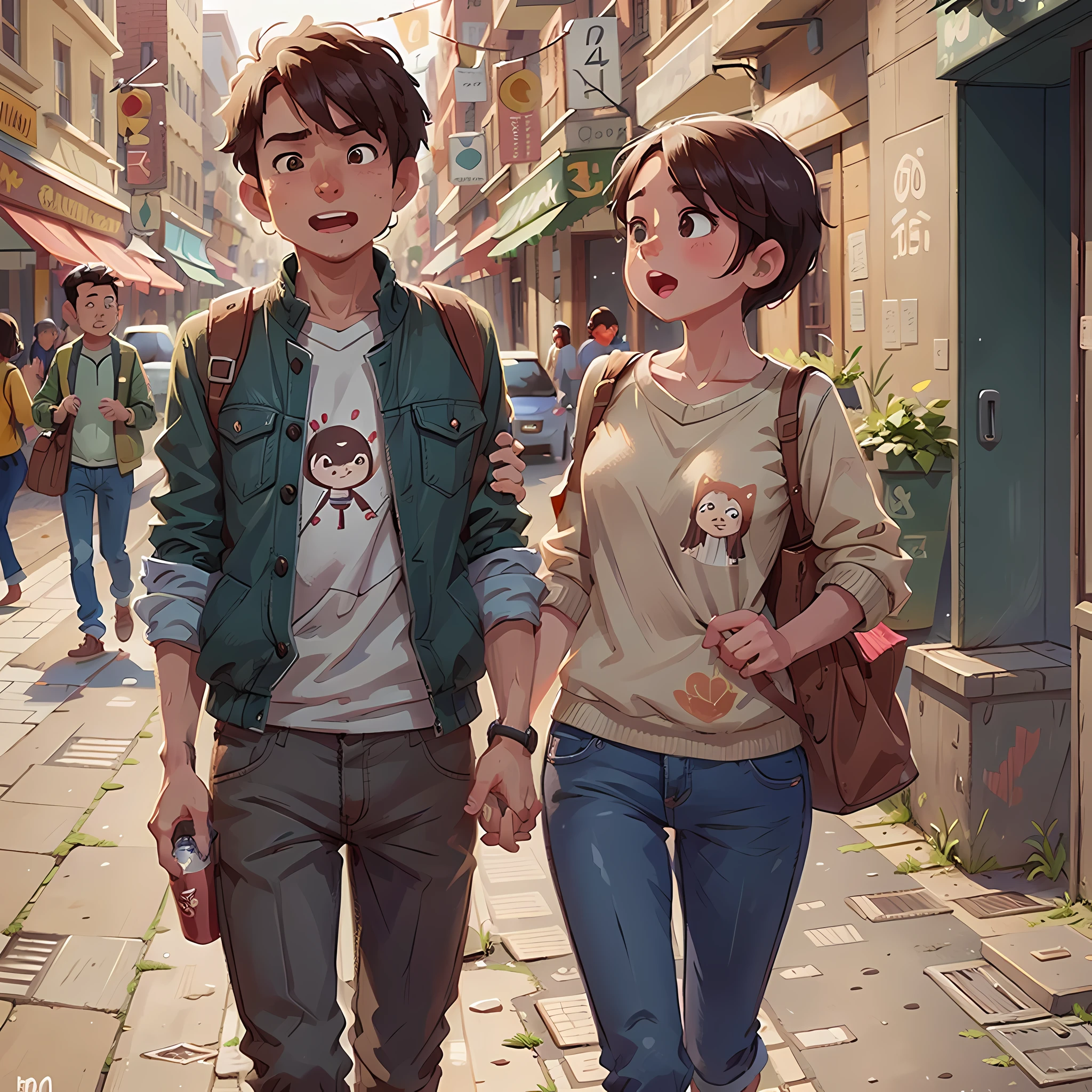Two people walking together in the street, looking at each other with a face of passion one of the two is a man with short hair --auto --s2
