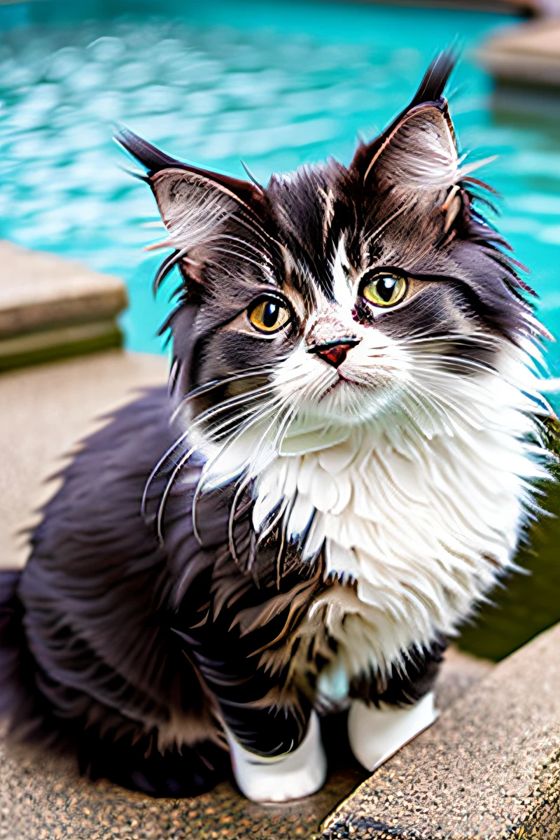 swimming cute two Norwegian Forest cats pool