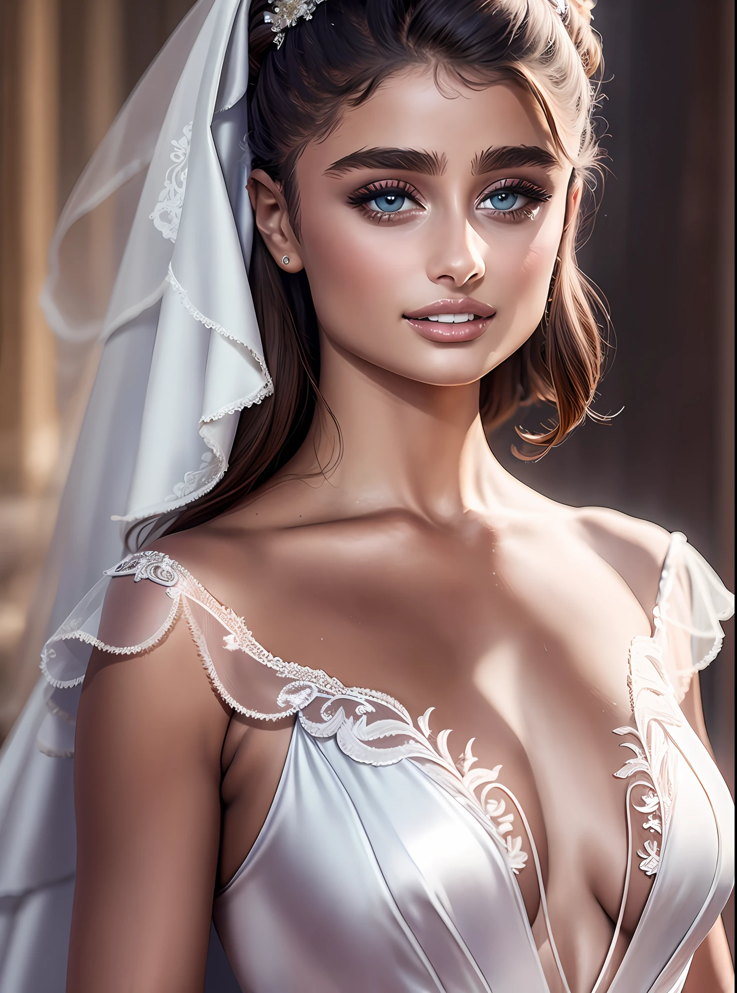 (Detailed:1.15), (HD, Ultra Detailed) Taylor hill wearing wedding dress, full body, 8k wedding background