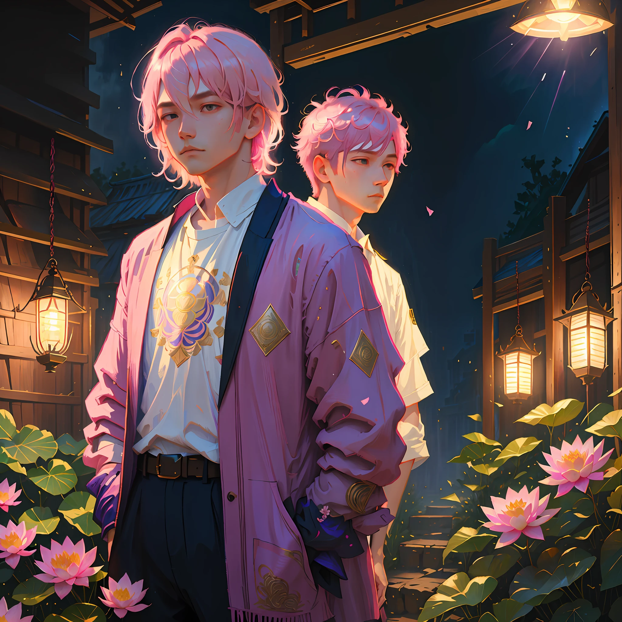 Masterpiece, boy, pink hair, genshin impact, sumeru clothes, cropped, lotus flower, flowers, thunder, book, light, HD, good quality