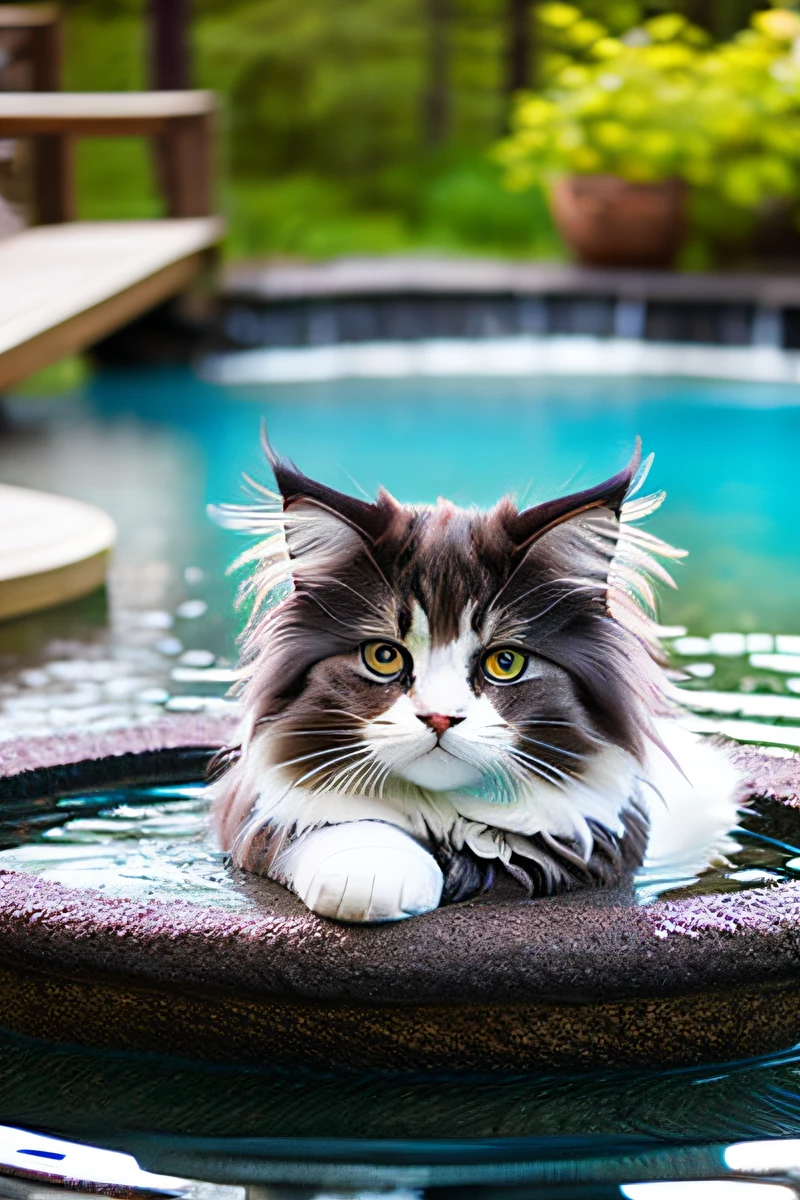 swimming cute two Norwegian Forest cats pool
