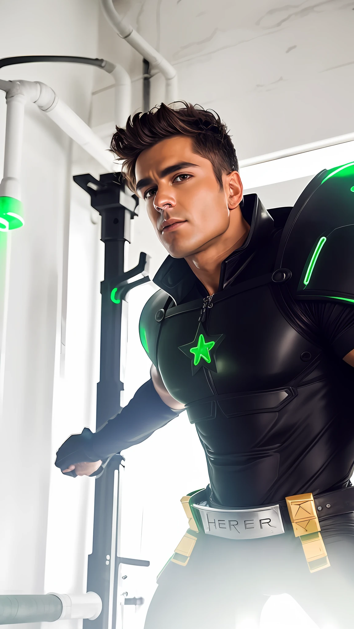 Man wearing a hero costume, black armor with green neon details, Muscular body man, 8k.