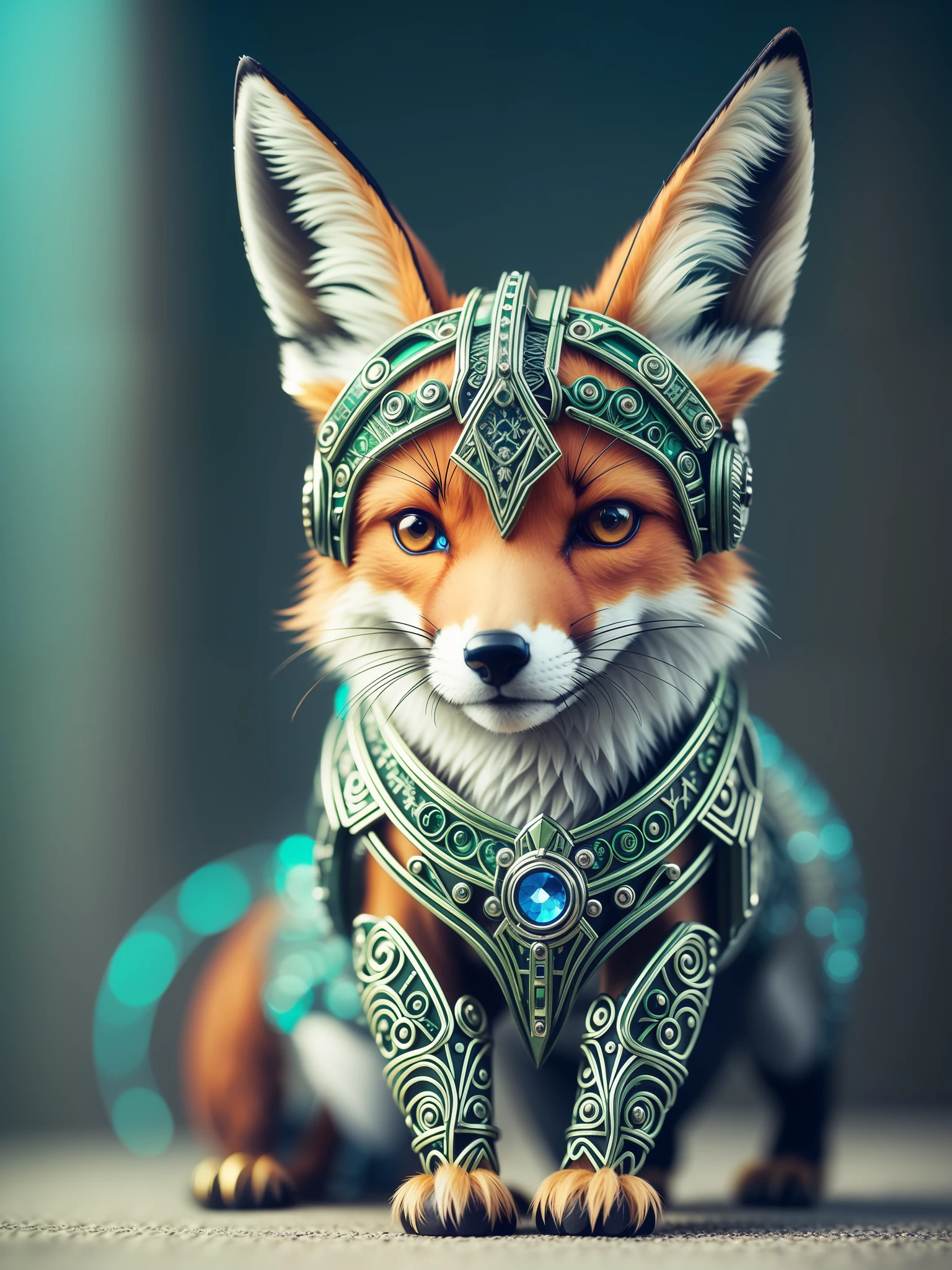 A beautiful little fox with metal parts in blue and green, (cyborg:1.1), ([tail | detailed wire]:1.3), (intricate details), HDR, (intricate details, hyperdetailed:1.2), cinematic plane, vignette, centered