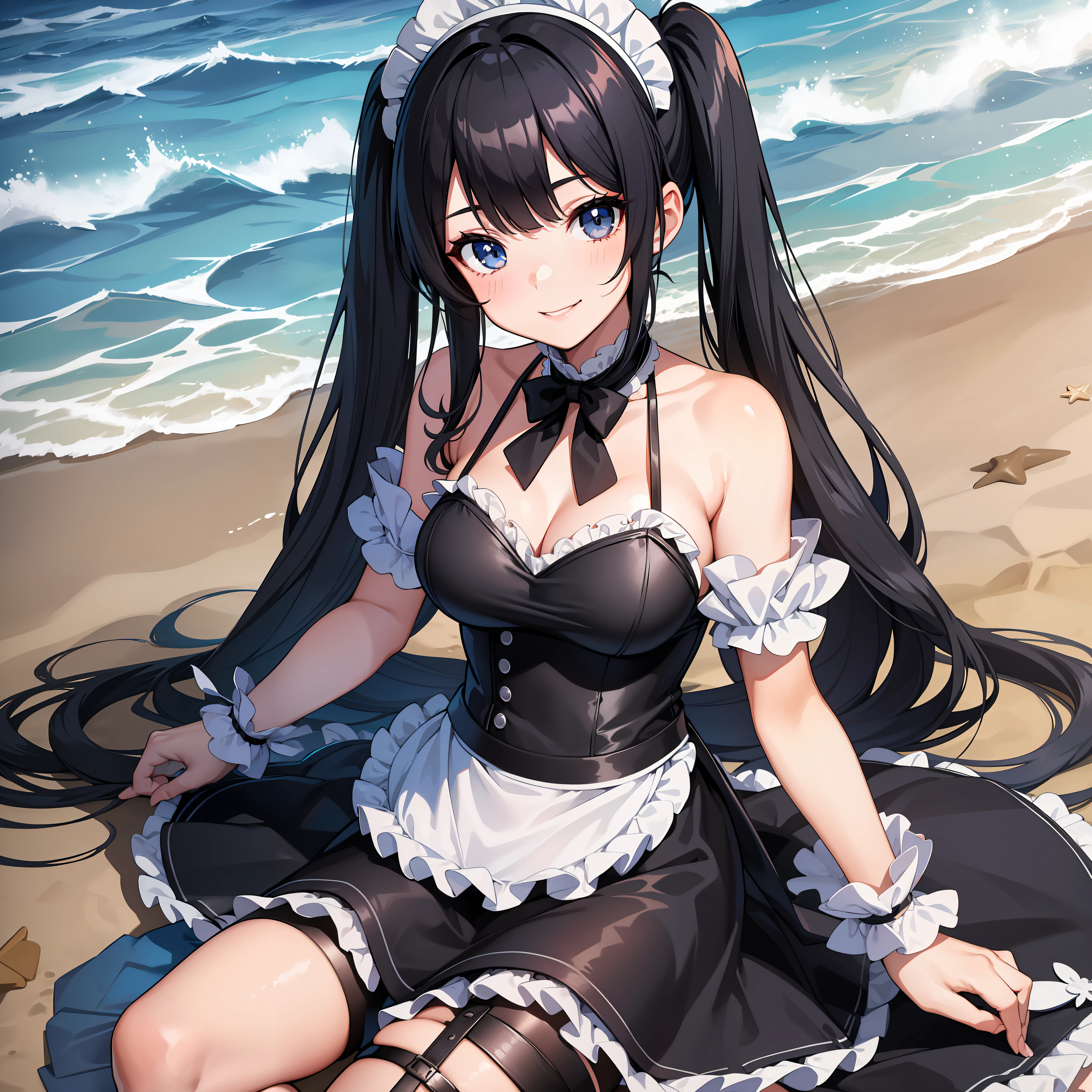 30 years age women, wear bikini maid dress, stocking, perfect face, beautiful eyes, black long Hair in two pigtails, midnight,Playing at the beach, smile, black eyes,