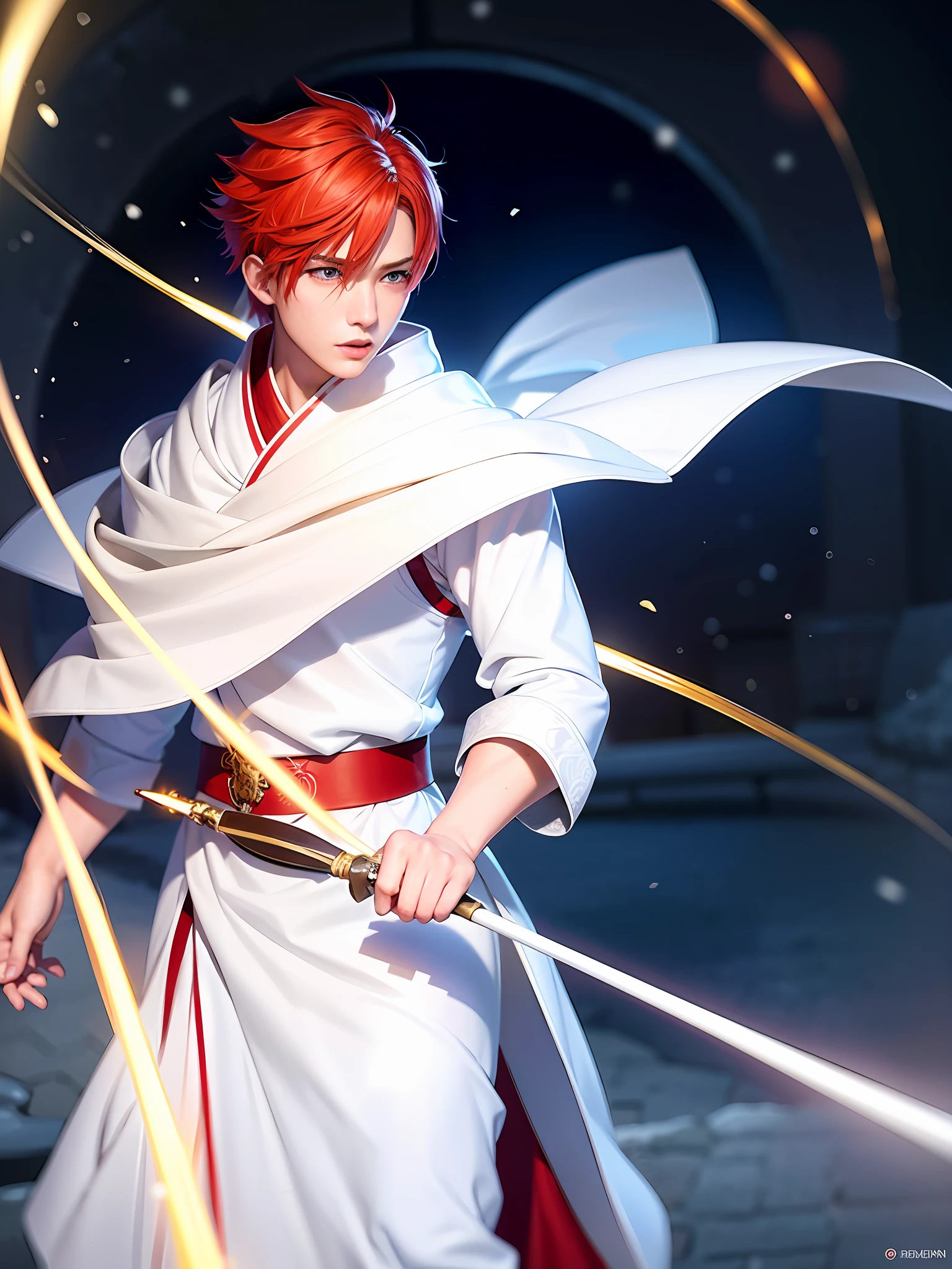 super details, fix incoherent errors in image, fire emblem, male, red hair, white eyes, white kimono, electric power, human, snow environment, boy, 8k, HDR, anime, fantasy character, hyper-detailed, perfect image, cinematic lighting, hdr, super details, anime, blue electricity power, fire emblem, man, artwork