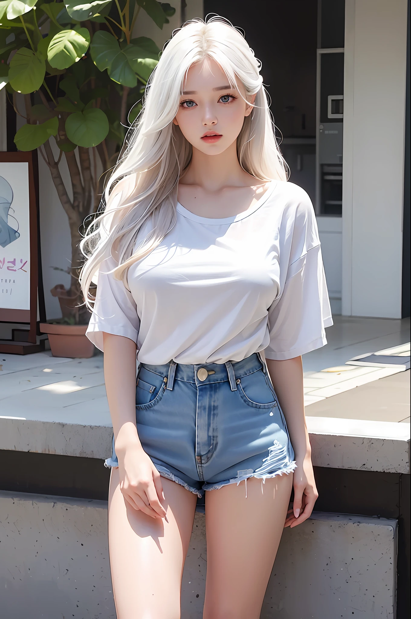 photorealistic, high resolution, 1 girl, white wavy hair, korean, heterochromia eyes, small mole below eye, loose white shirt, tight jean shorts, large breast, large thighs, panty visible