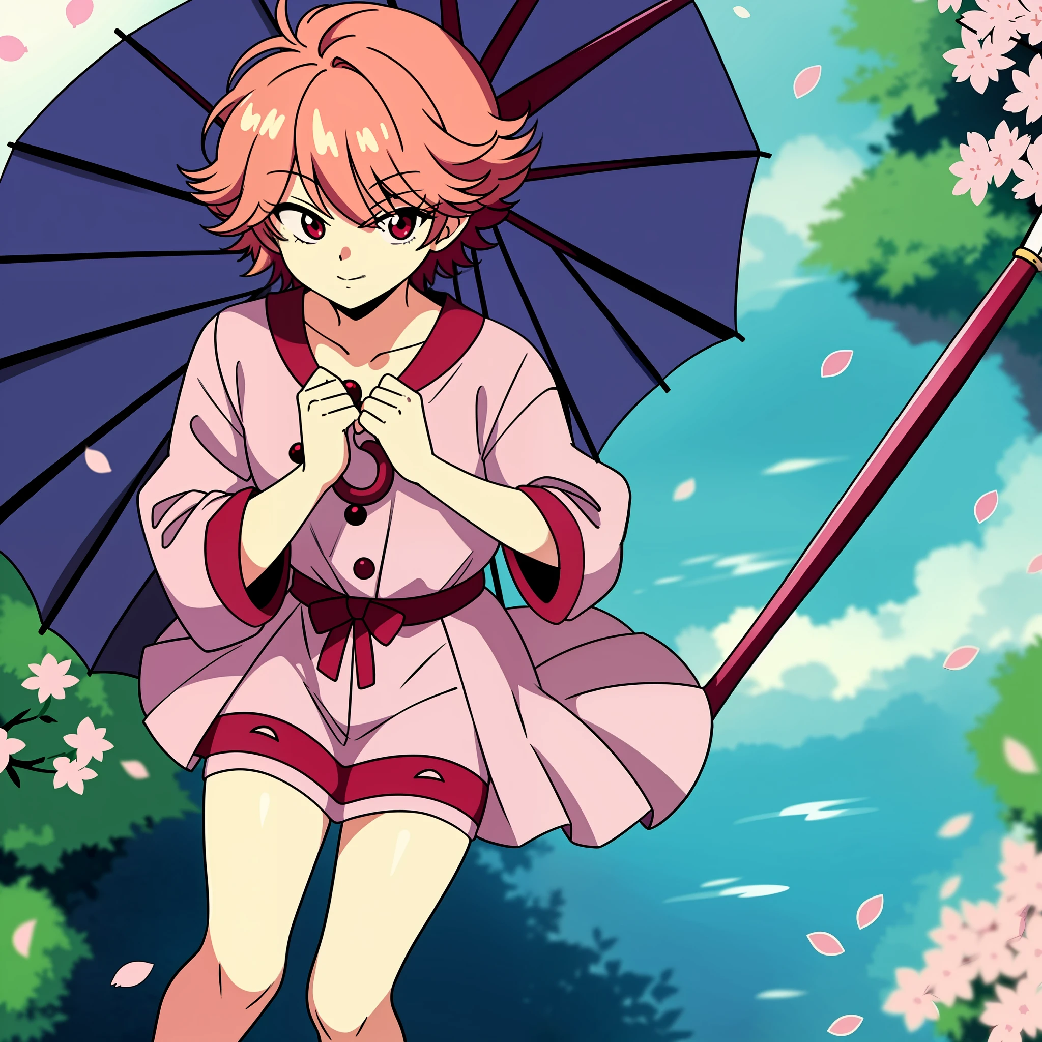 Boy, anime, colorful hair, perfect hands, umbrella, cherry trees