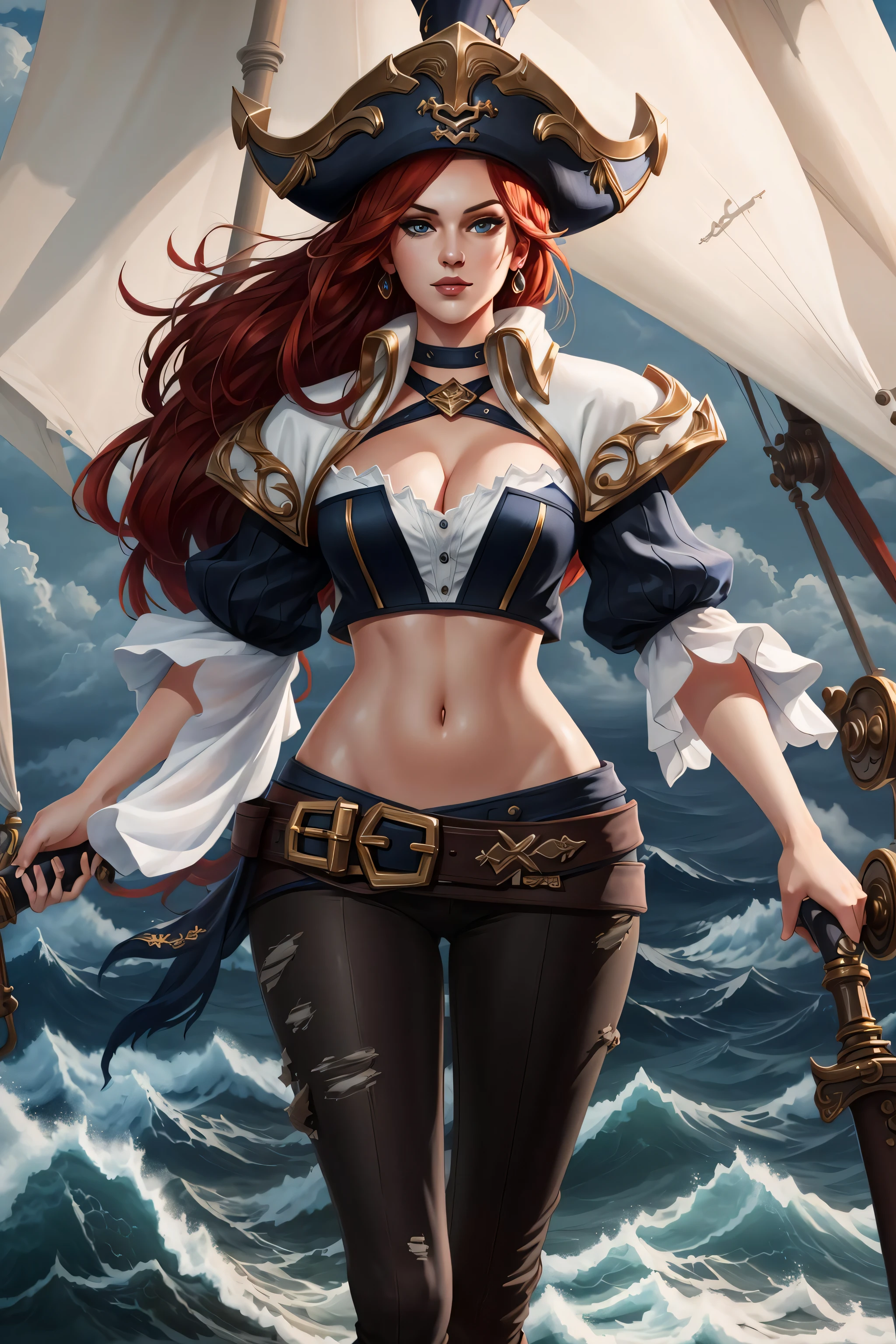 ((best quality)), ((masterpiece)), ((realistic)), (detailed), highly detailed skin, 1girl, miss fortune, navel, midrift, stunning gradient colors, no watermark signature, detailed background, pirate ship, ocean, insanely detailed, , ((masterpiece)), absurdres, HDR