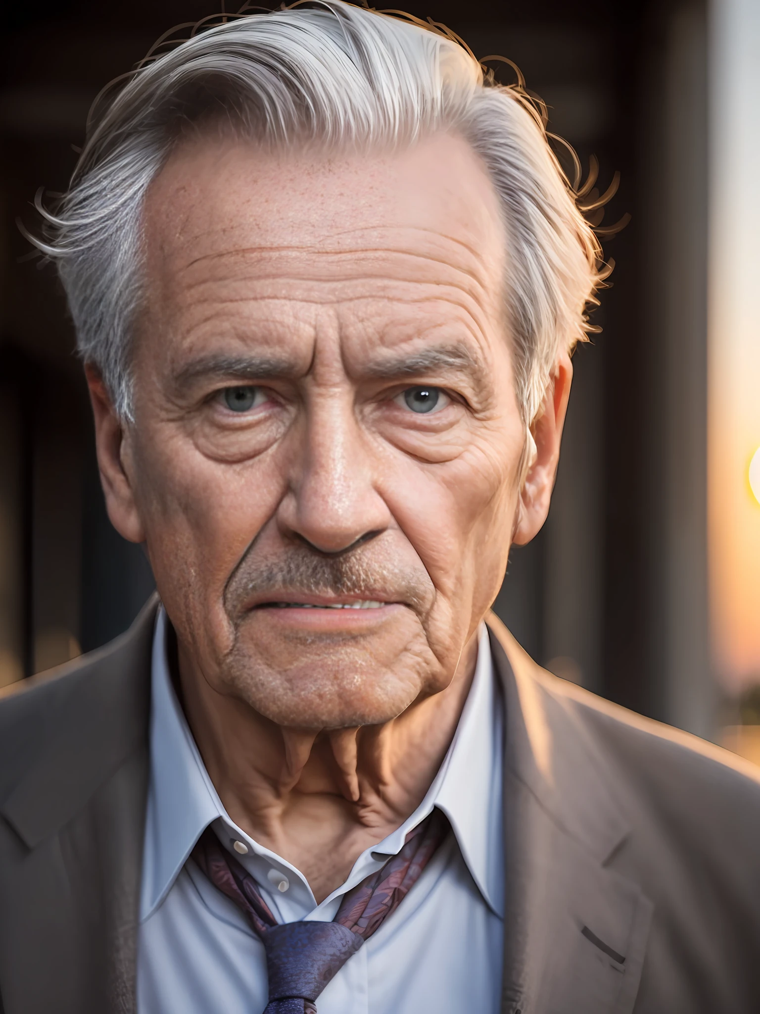 a gentleman in a square, aged face, wrinkles, thoughtful countenance, photography style, FHD, 4k, sunset, 3:2 --auto --s2