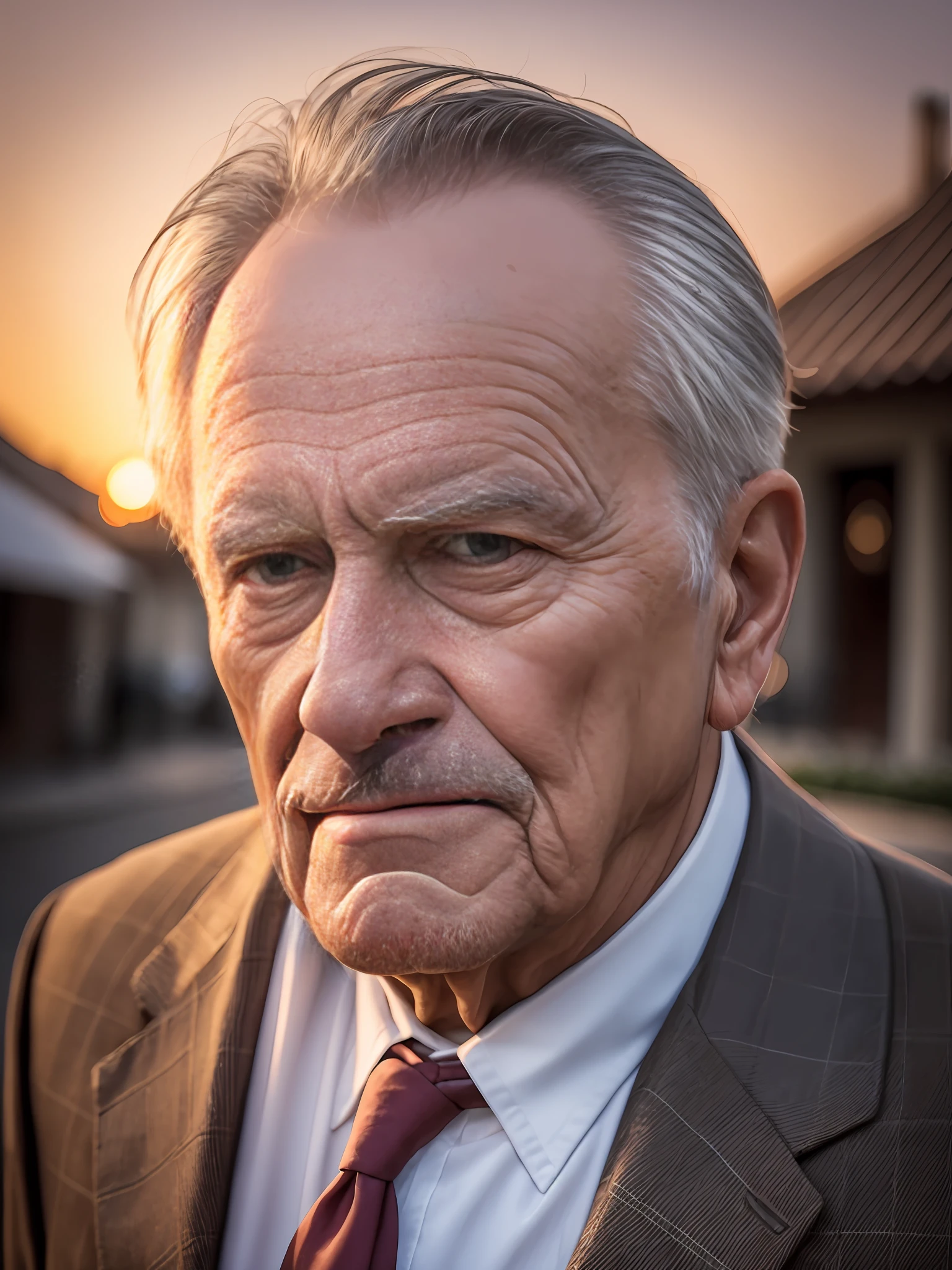 a gentleman in a square, aged face, wrinkles, thoughtful countenance, photography style, FHD, 4k, sunset, 3:2 --auto --s2