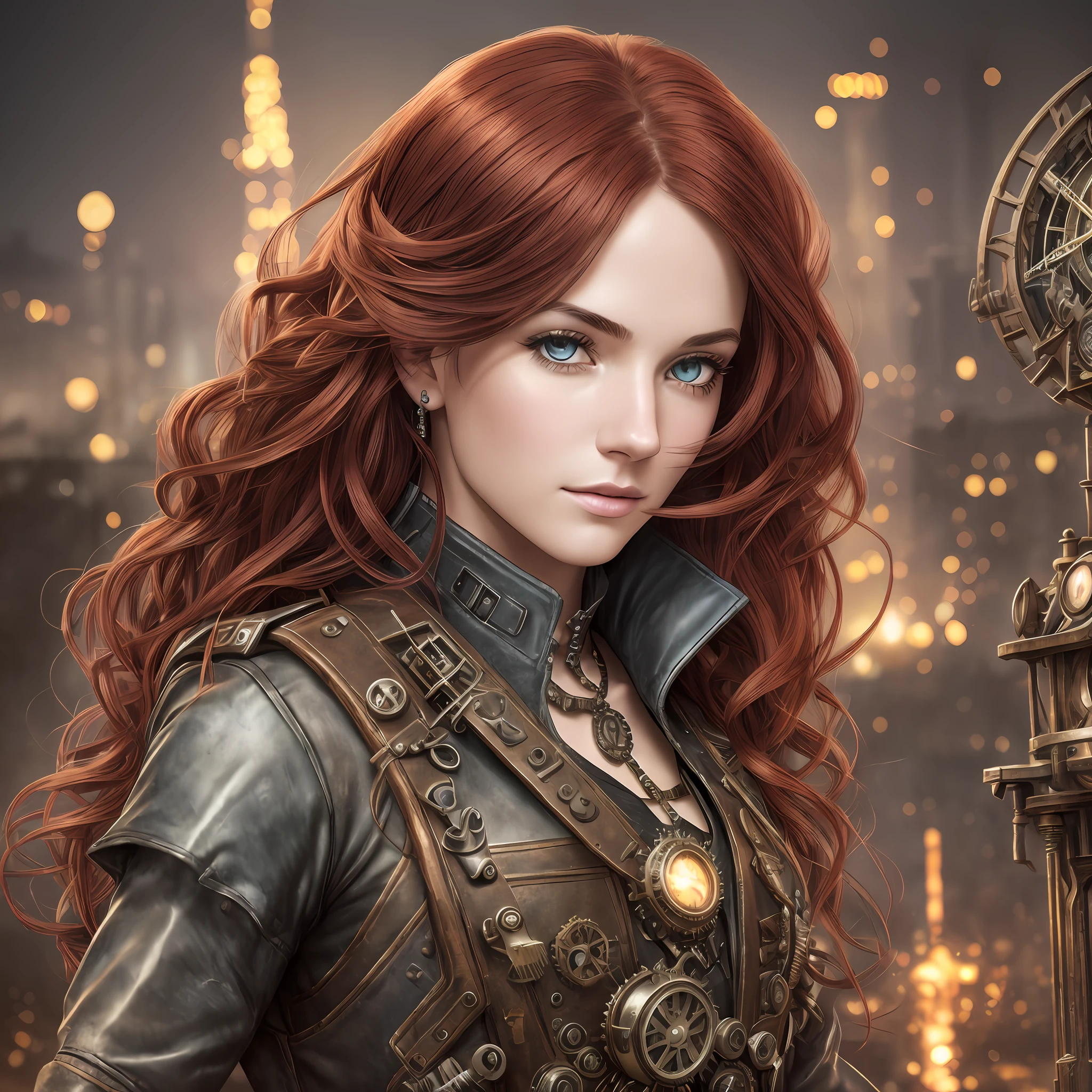 most beautiful and beautiful image in the world (absurdres, highres, ultra detailed), 1woman, mature female, , wavy long red hair, split dark red colored hair, heterochromia, bangs, long sleeves, finely detailed eyes and detailed face, extremely detailed CG unit 8k wallpaper, intricate details, (style-rustmagic: 0.8), portrait, (bloody wounds:0.7), looking at the viewer, solo, half shot,  detailed background, (steampunk theme:1.1) determined expression, dark technomancer couds, floating lights, colorful leather vest with gears, techwear, jetpack, workshop in the background, machines, gears, steam, industry, technology, oven, dirt, anvil, buttons, levers, automaton, electricity, electric sparks epic atmosphere,, portrait --auto --s2