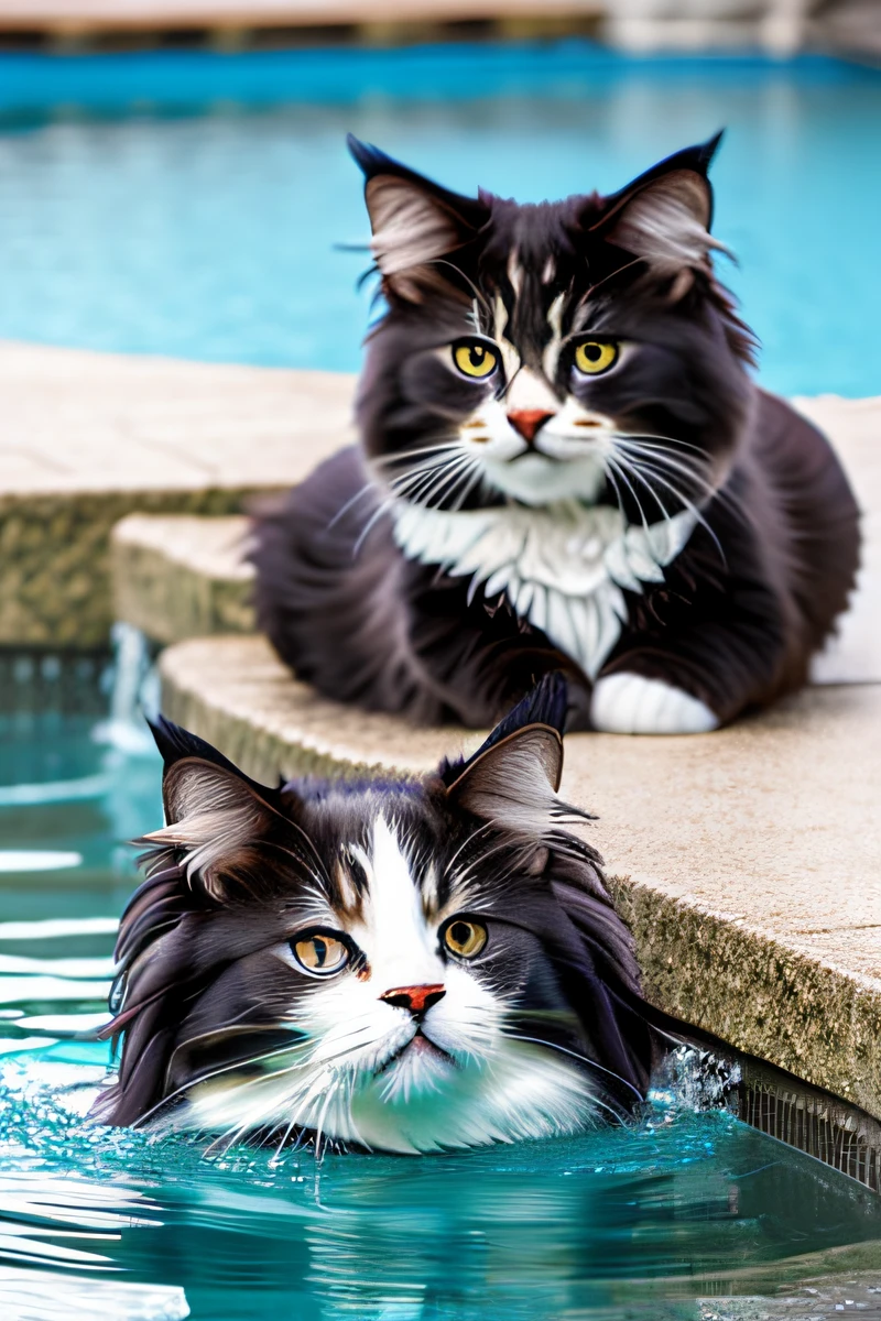 swimming cute two Norwegian Forest cats pool