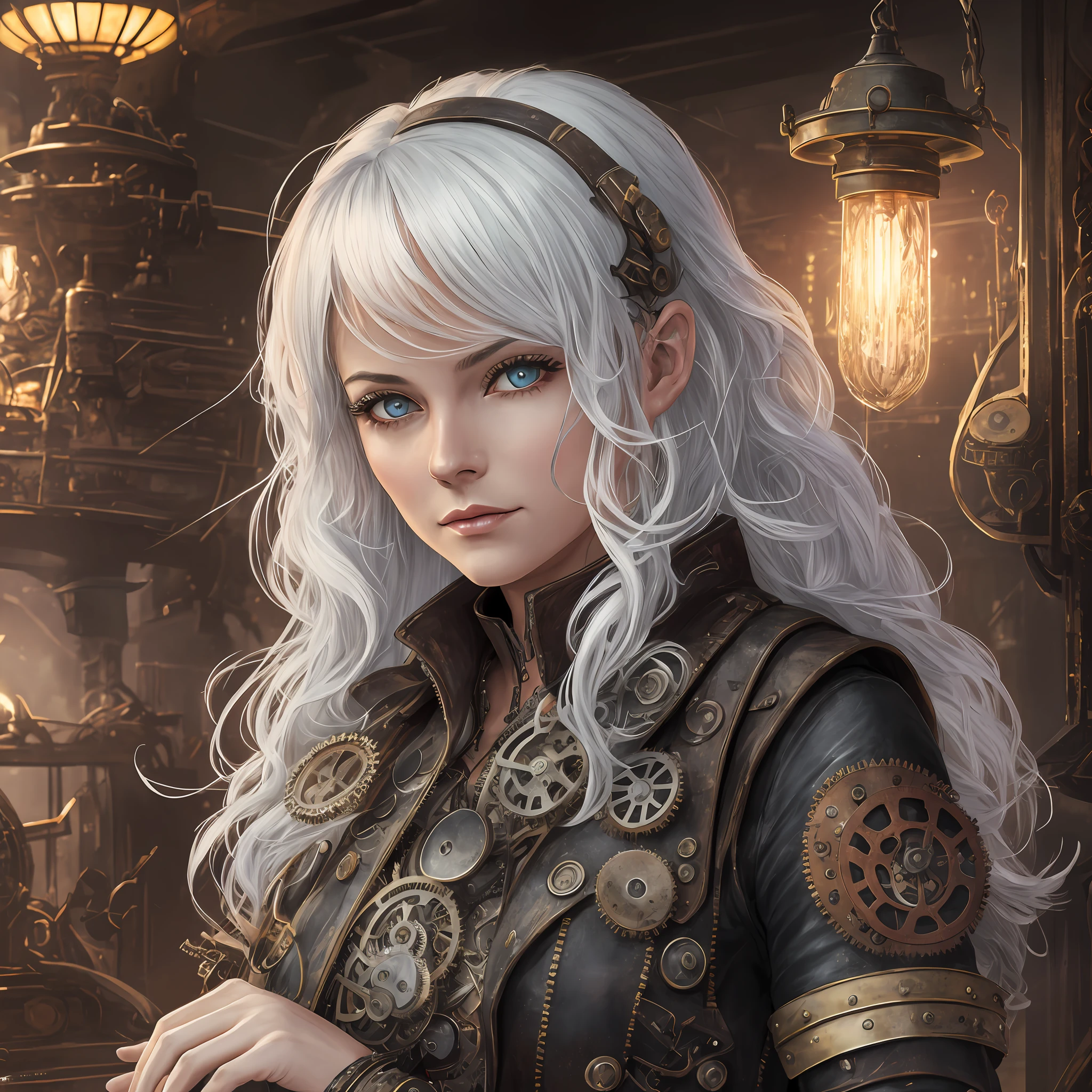 most beautiful and beautiful image in the world (absurdres, highres, ultra detailed), 1woman, mature female, , white hair with wavy long black mess, dark red colored hair split, heterochromia, bangs, long sleeves, finely detailed eyes and detailed face, extremely detailed CG unit 8k wallpaper, intricate details, (style-rustmagic: 0.8), portrait, (bloody wounds:0.7), looking at the viewer,  solo, half shot, detailed background, (steampunk theme:1.1) determined expression, dark technomancer couds, floating lights, colorful leather vest with gears, techwear, jetpack, workshop in the background, machines, gears, steam, industry, technology, oven, dirt, anvil, buttons, levers, automaton, electricity, electric sparks epic atmosphere,, portrait --auto --s2