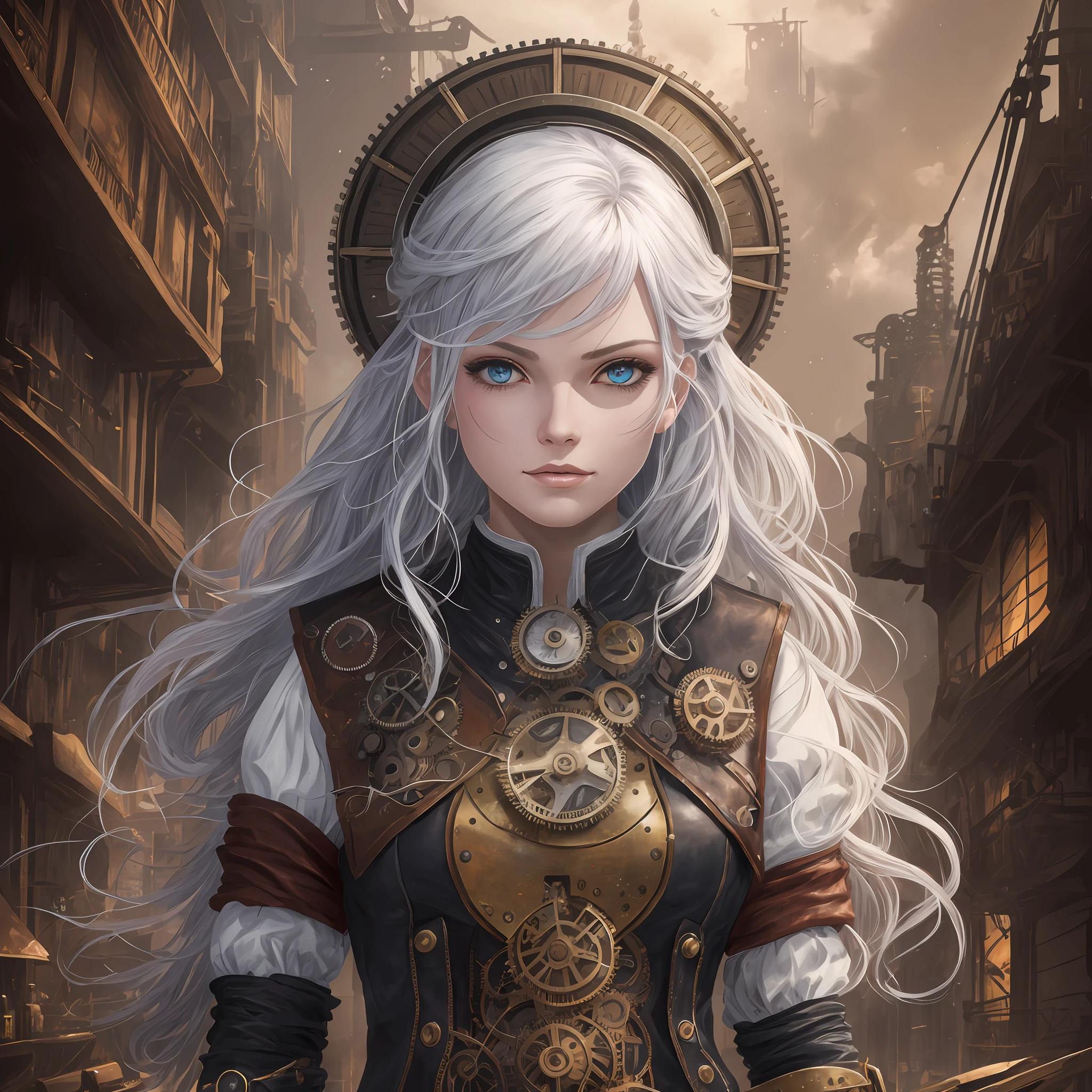 most beautiful and beautiful image in the world (absurdres, highres, ultra detailed), 1woman, mature female, , white hair with wavy long black mess, dark red colored hair split, heterochromia, bangs, long sleeves, finely detailed eyes and detailed face, extremely detailed CG unit 8k wallpaper, intricate details, (style-rustmagic: 0.8), portrait, (bloody wounds:0.7), looking at the viewer,  solo, half shot, detailed background, (steampunk theme:1.1) determined expression, dark technomancer couds, floating lights, colorful leather vest with gears, techwear, jetpack, workshop in the background, machines, gears, steam, industry, technology, oven, dirt, anvil, buttons, levers, automaton, electricity, electric sparks epic atmosphere,, portrait --auto --s2