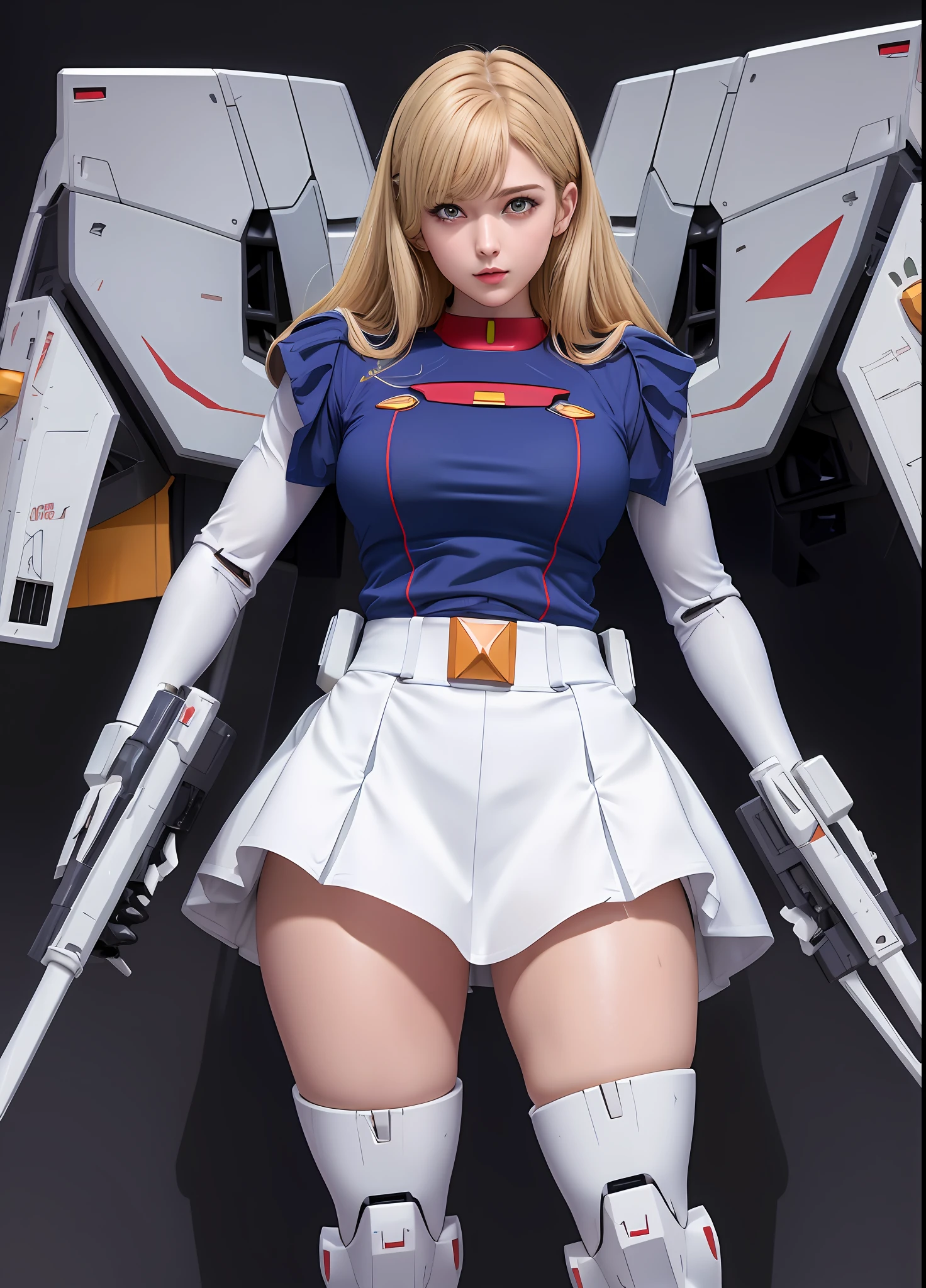 (top quality), (masterpiece), personification of Mobile Suit Gundam F91, nsfw, amazing highlights of the upper body, powerful mechs, girl with beam rifle, beautiful face, beautiful eyes, absolute area, moist wet and slightly thick thighs, dignified full-body pose, short skirt, outer space