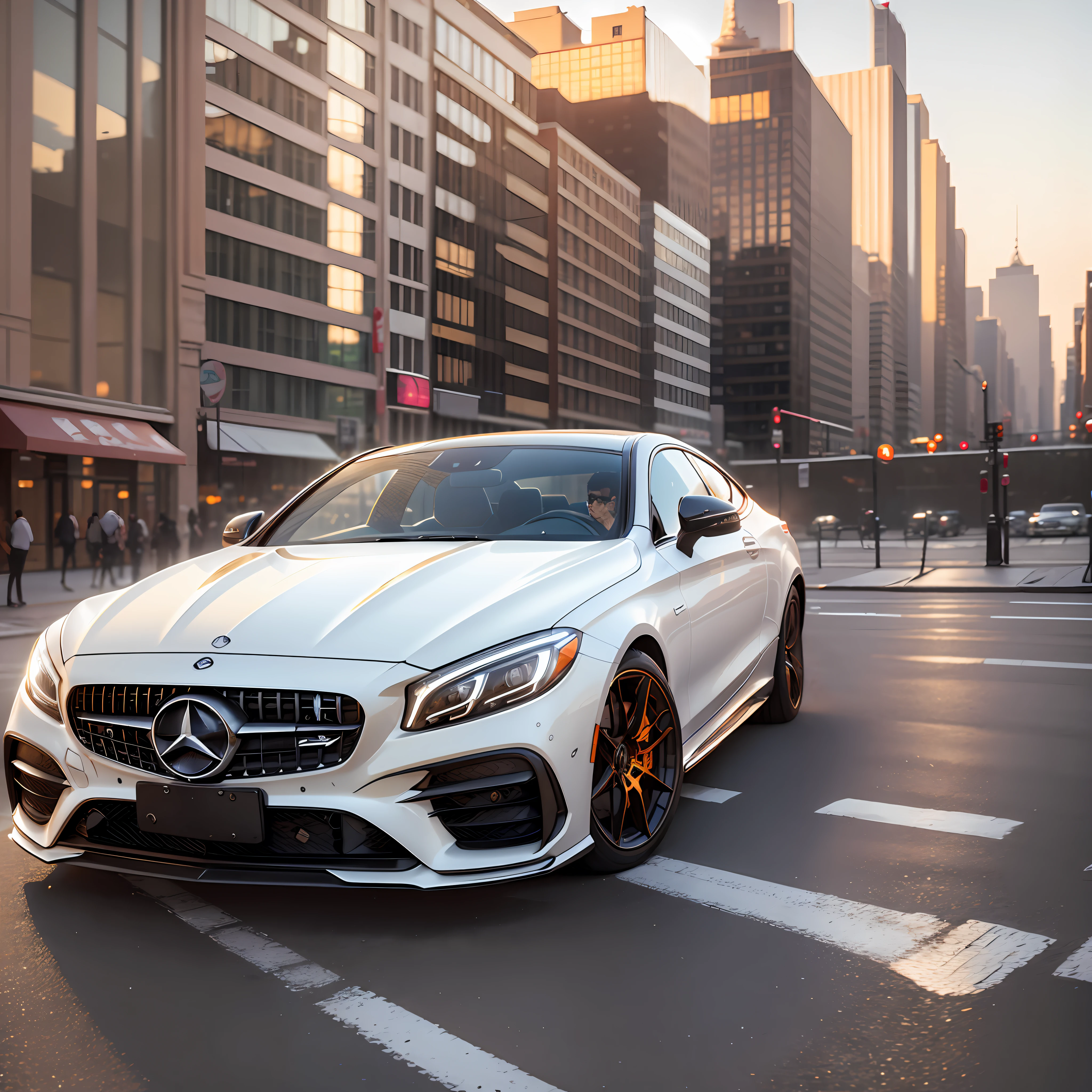 A benz 2023 white C300 COUPE gold sunset in the thriving streets of New York 45 degrees full car display realism high resolution --auto --s2