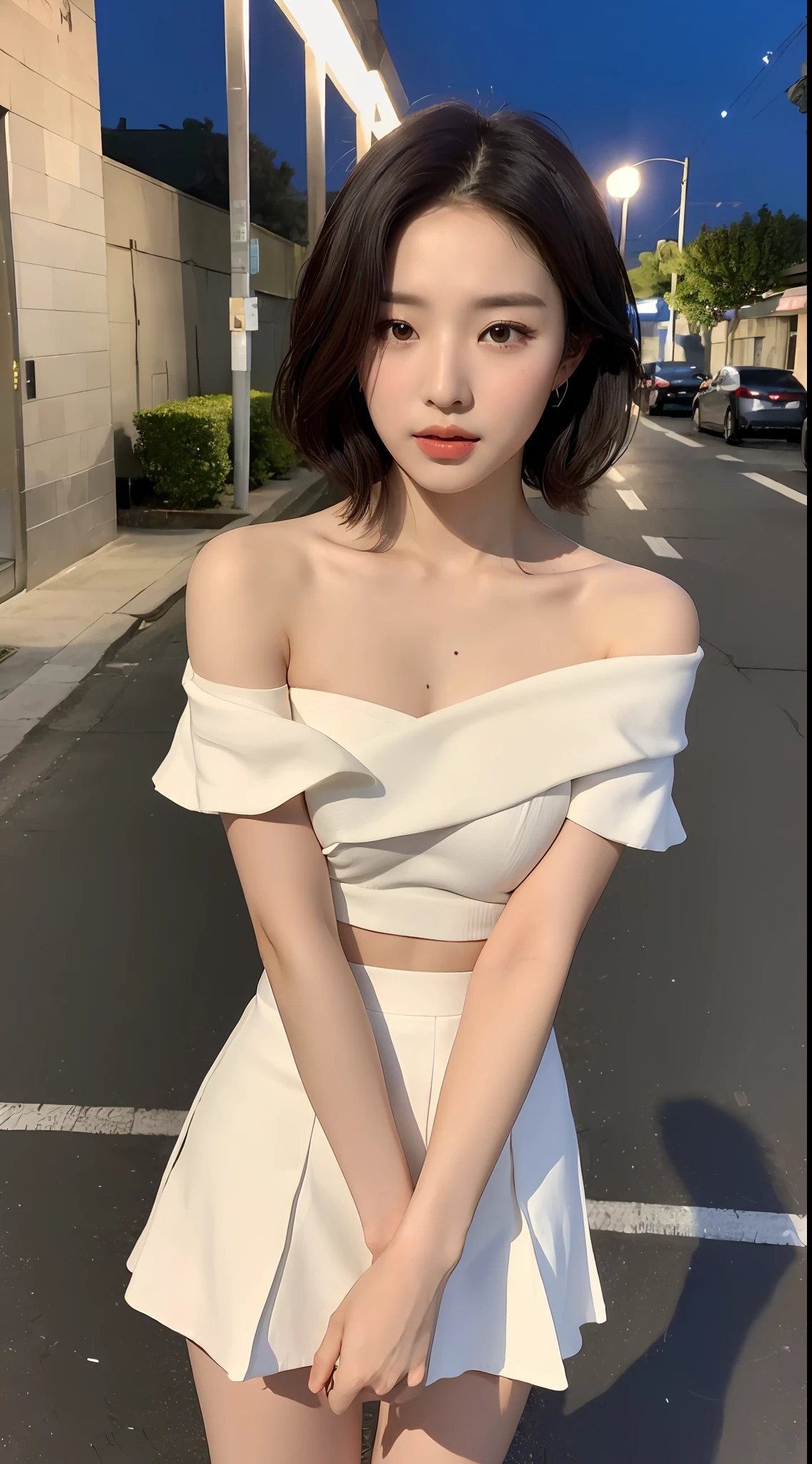 (1 cute Korean star), ((Best quality, 8k, Masterpiece: 1.3)), Focus: 1.2, Perfect Body Beauty: 1.4, (night, Street:1.3), Highly detailed face and skin texture, Fine eyes, Double eyelids, Whitened skin, (Layered short hair: 1.3), (Single shoulder skirt: 1.6)