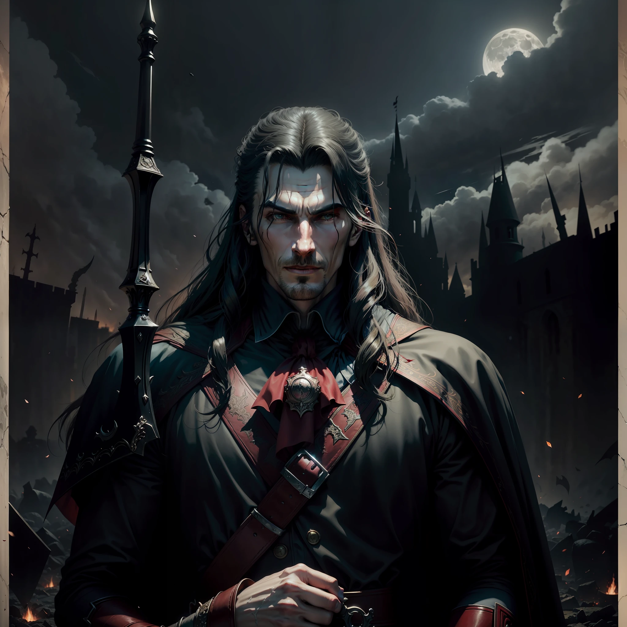 A realistic image of Dracula from the Castlevania lord of shadow, in the middle of a battlefield with several fallen soldiers bleeding with the light of the moon reflecting and Dracula with a sword in hand and with a sarcastic smile
