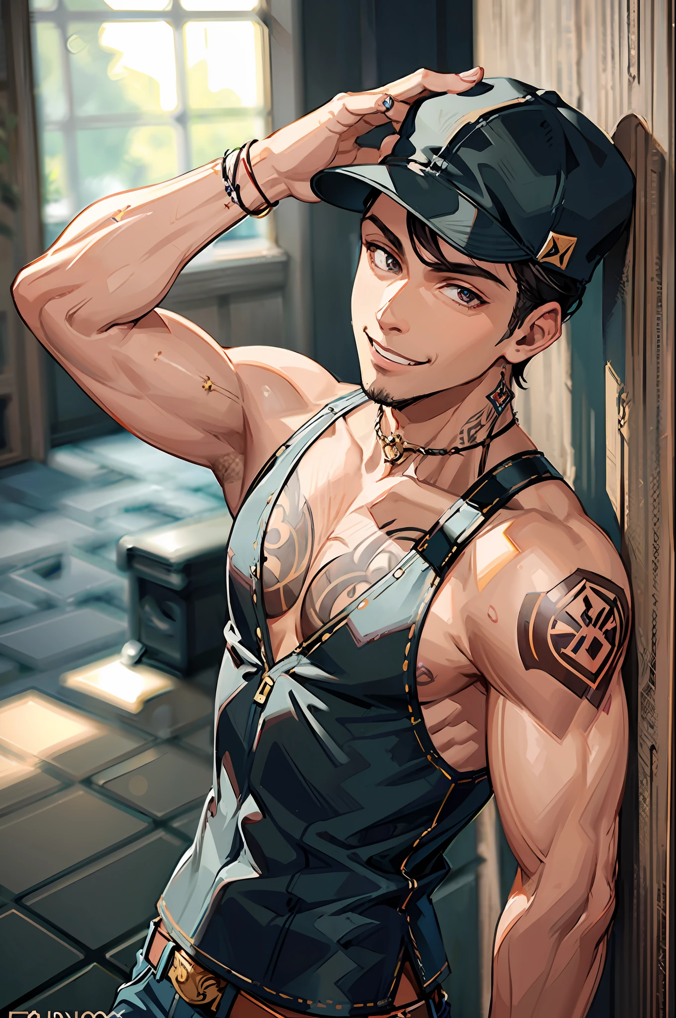(masterpiece, best quality:1.2), cowboy shot, solo, male focus, 1boy, tanned skin, low fade hair, black hair, brown eyes, evil smile, sleeveless shirt, tattoo on the arm, with a cap