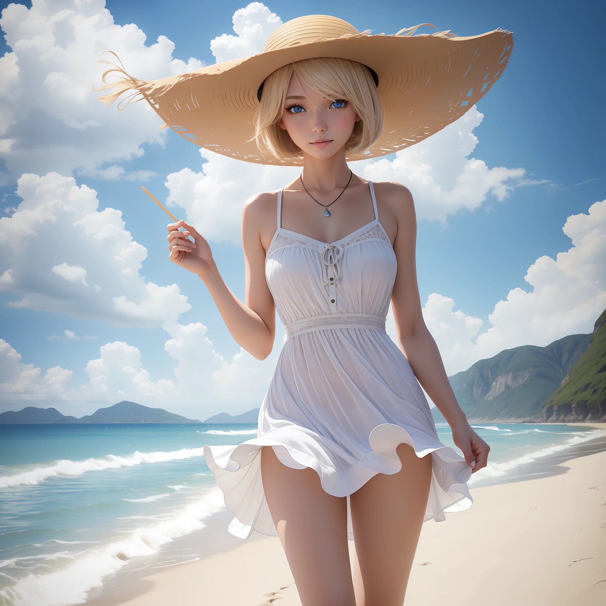 (Masterpiece) 8K resolution, very beautiful girl strolling on a popular beach, holding a straw hat that is about to fly in the wind, platinum blonde bob hair, hazel eyes, blue eyes, dress, anime style, model style,