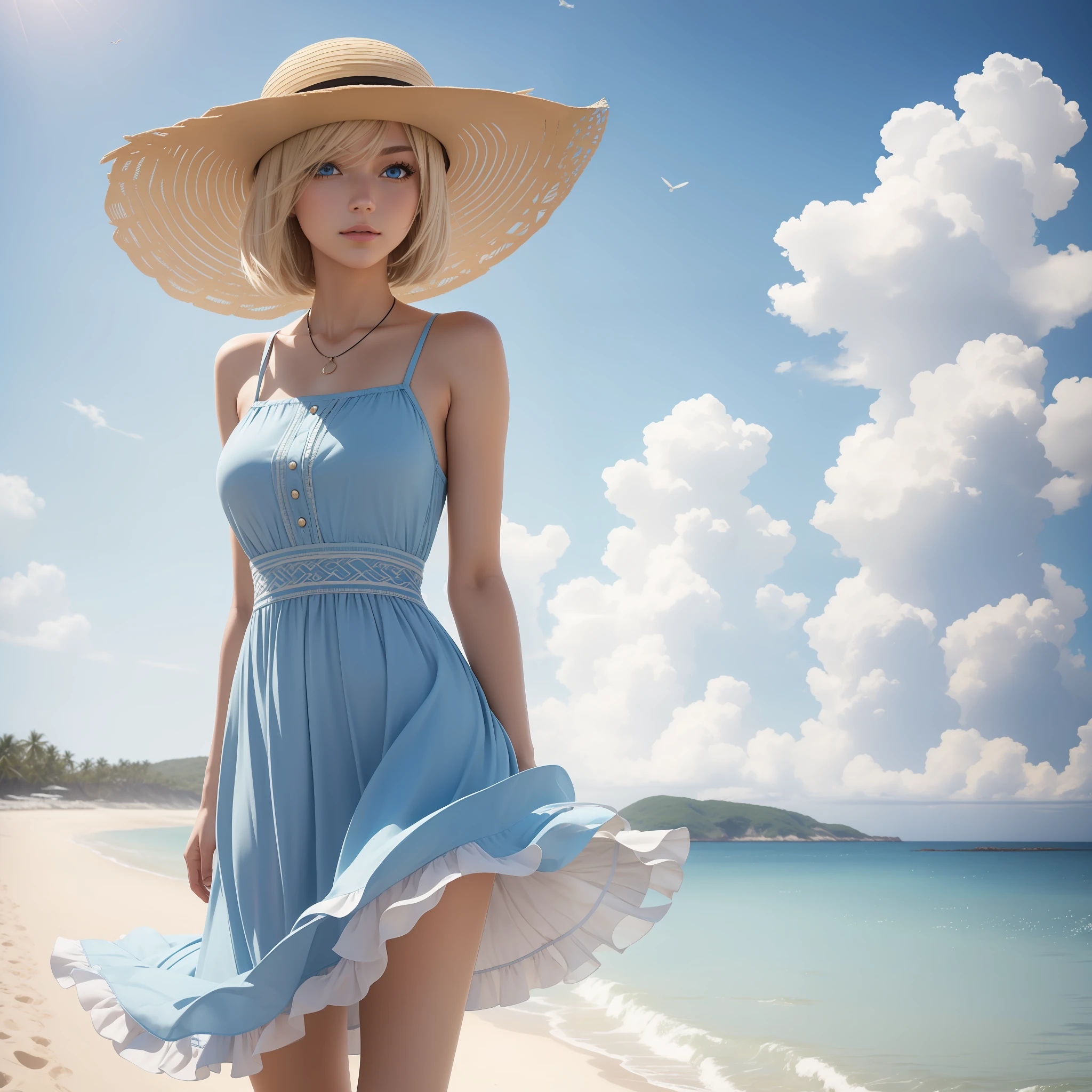 (Masterpiece) 8K resolution, very beautiful girl strolling on a popular beach, holding a straw hat that is about to fly in the wind, platinum blonde bob hair, hazel eyes, blue eyes, dress, anime style, model style,