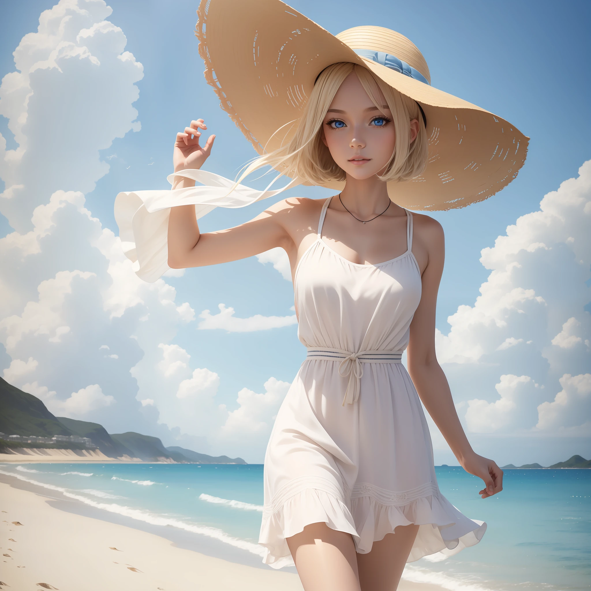 (Masterpiece) 8K resolution, very beautiful girl strolling on a popular beach, holding a straw hat that is about to fly in the wind, platinum blonde bob hair, hazel eyes, blue eyes, dress, anime style, model style,