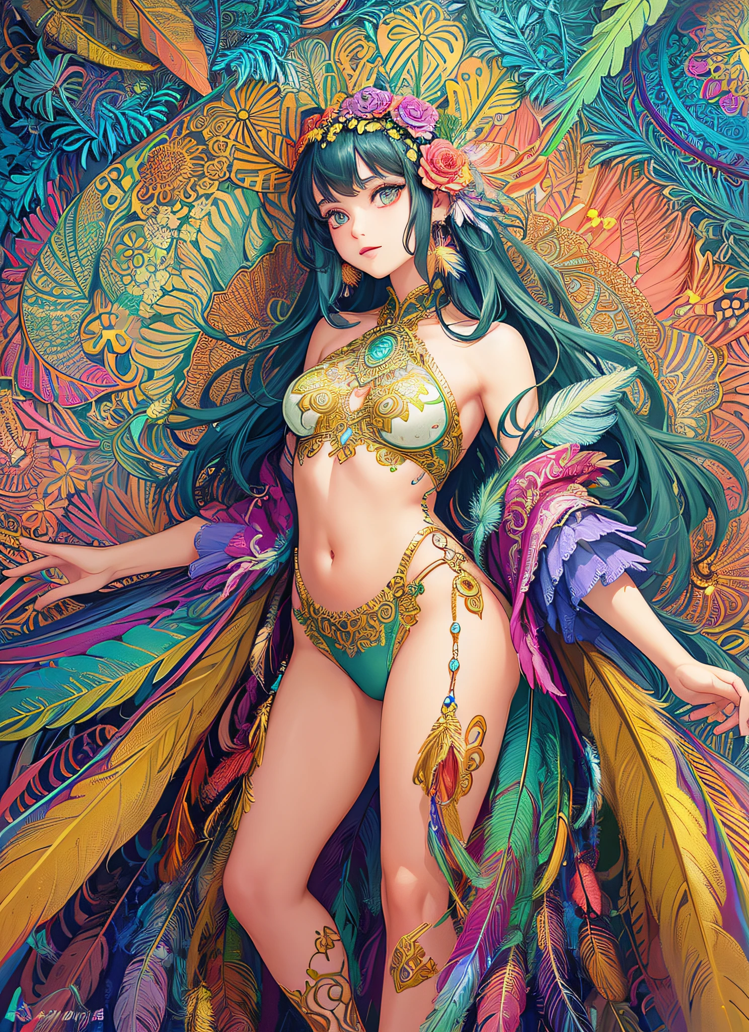 (masterpiece, top quality, best quality, official art, beautiful and aesthetic:1.2), (1girl:1.3), extremely detailed,(fractal art:1.1),(colorful:1.1)(flowers:1.3),highest detailed,(zentangle:1.2), (dynamic pose), (abstract background:1.3), (many colors:1.4), ,(earrings), (feathers:1.5)