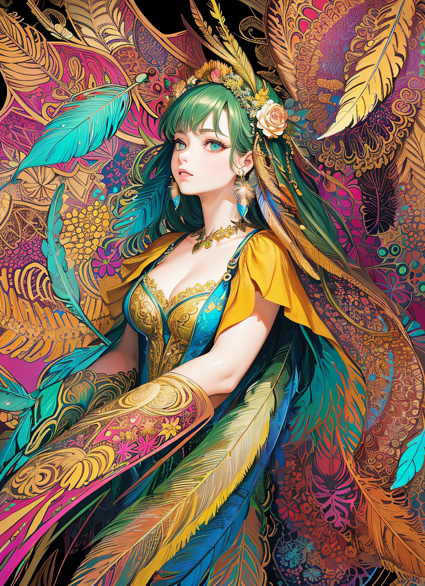 (masterpiece, top quality, best quality, official art, beautiful and aesthetic:1.2), (1girl:1.3), extremely detailed,(fractal art:1.1),(colorful:1.1)(flowers:1.3),highest detailed,(zentangle:1.2), (dynamic pose), (abstract background:1.3), (many colors:1.4), ,(earrings), (feathers:1.5)