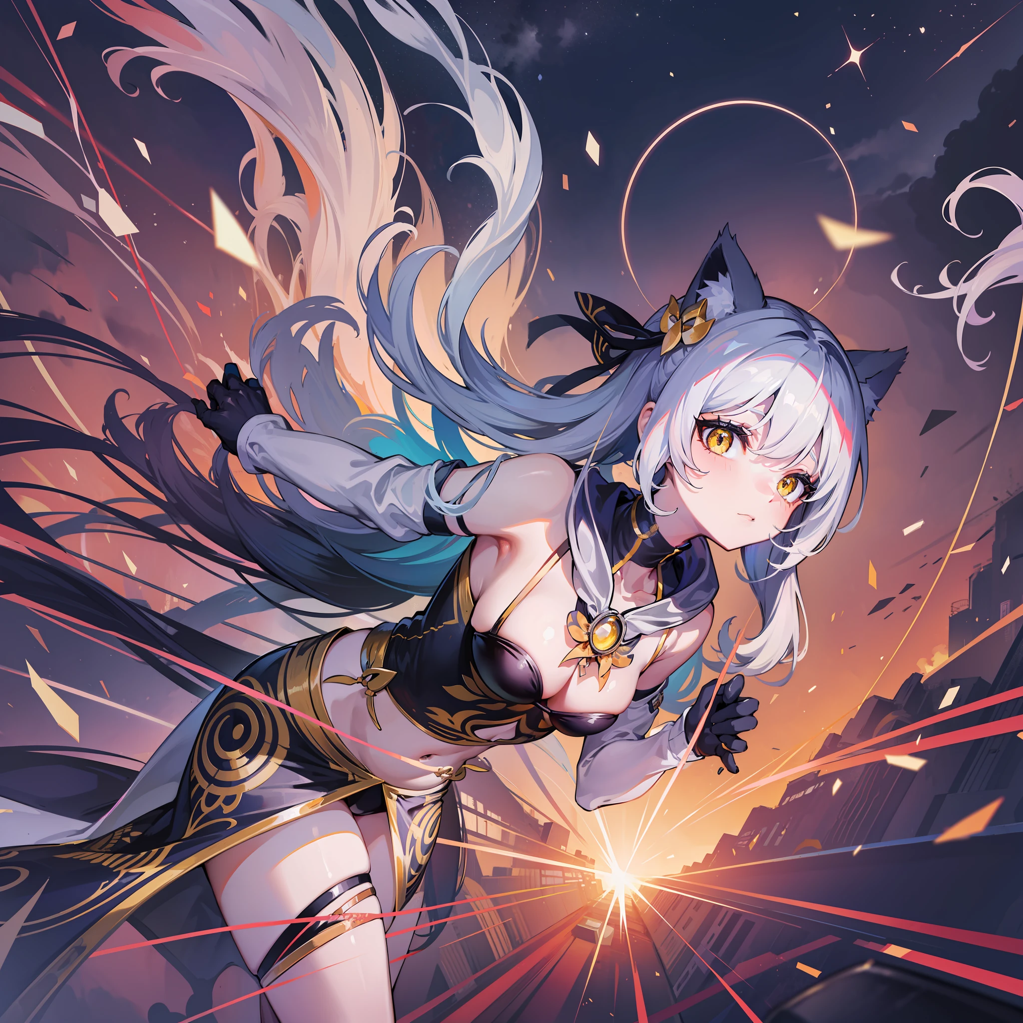 The two arms back, bright yellow eyes, cat ears, bikini