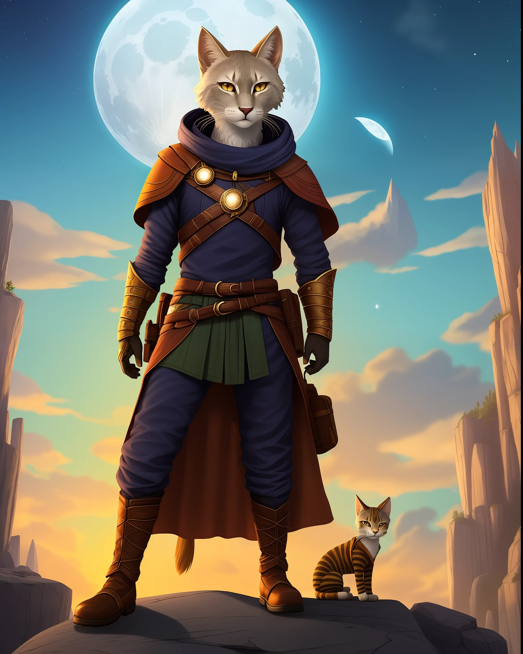 The Lunar Traveler Khajiit is a fearless and curious adventurer, always in search of new experiences and knowledge. He is a member of the Khajiit race, known for his agility and cunning. With his open mind and adventurous spirit, this traveler explores the world under the moonlight, discovering new places and cultures, while sharing his stories and experiences with those he encounters on his way. He is a tireless explorer, always ready to embark on a new adventure.