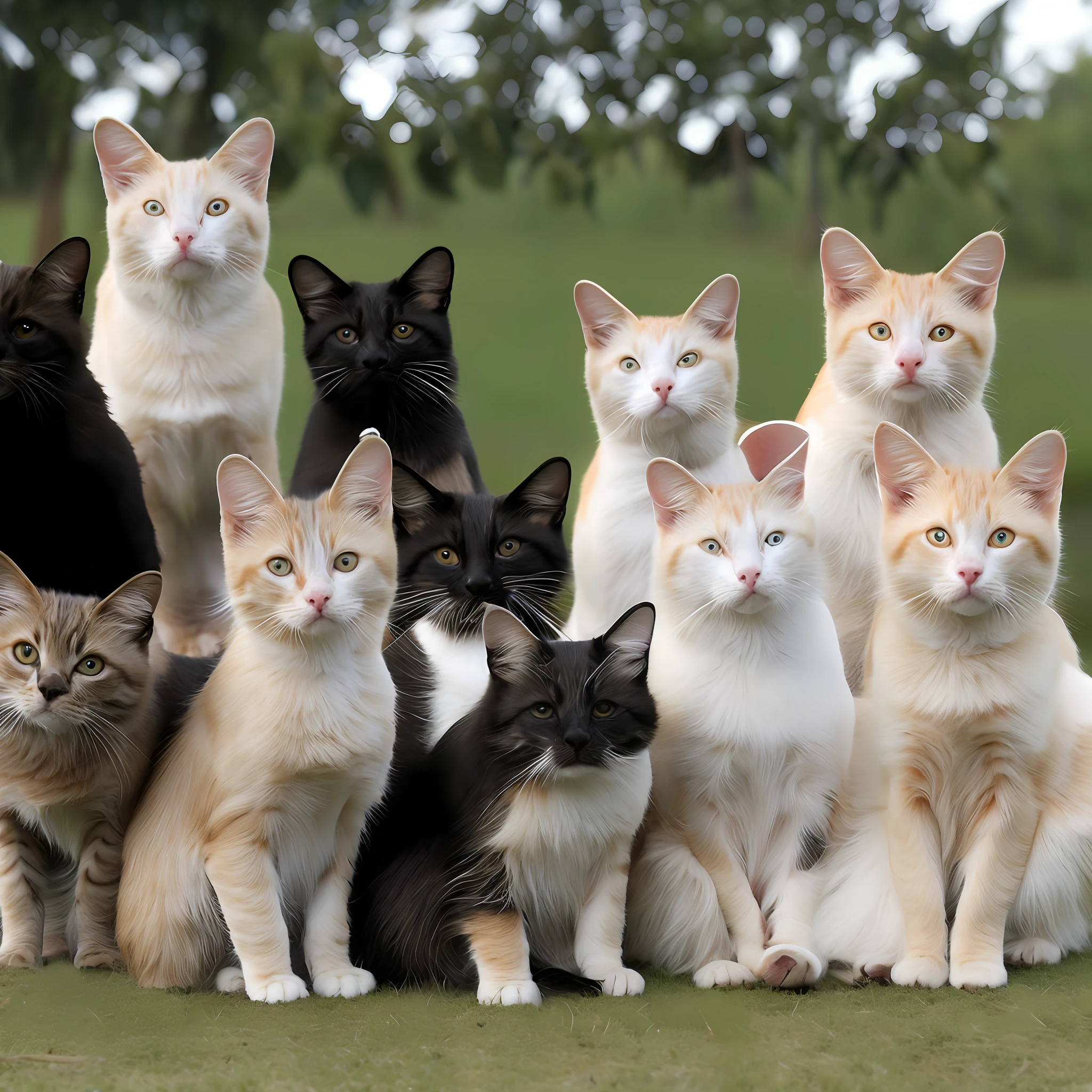 Photo of 8 stray cats, one black, 3 black and white, 1 Siamese, one white and gray gust, one albino, one gust