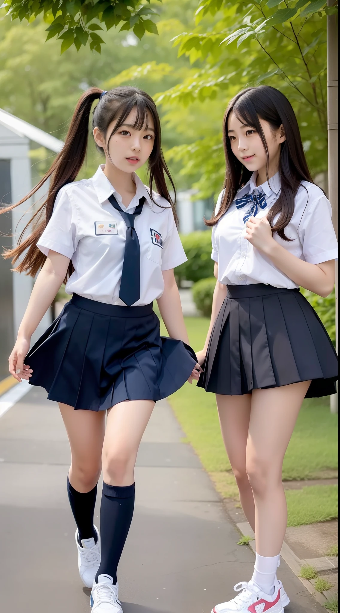 Japan girls, 18 year old girls, wavy little long hair, black hair, brown eyes, small breasts, perfect figure, perfect skin, school uniform, light blue shirt, navy blue skirt, underwear, sneakers, feeling jumping happily, schoolyard,