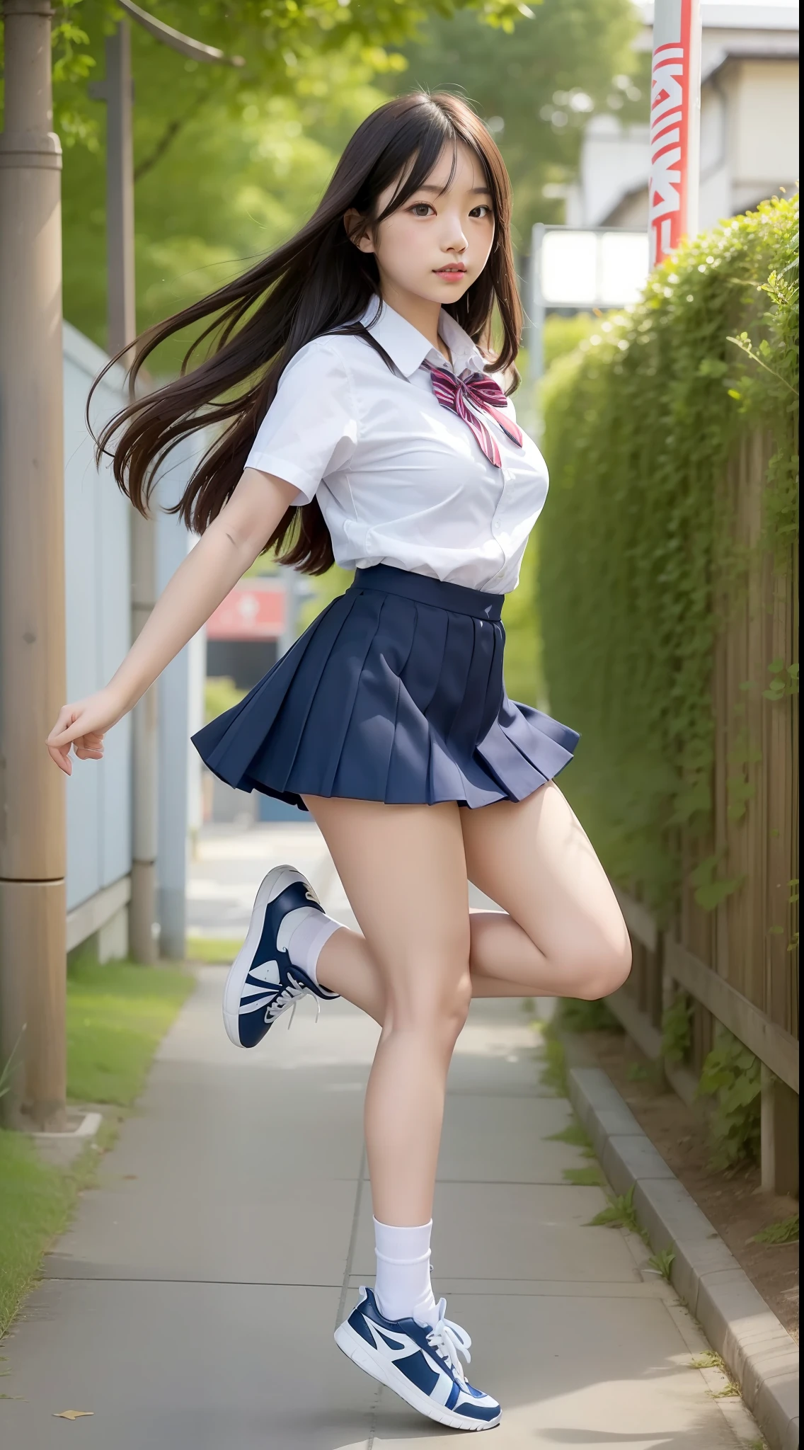 Japan girls, 18 year old girls, wavy little long hair, black hair, brown eyes, small breasts, perfect figure, perfect skin, school uniform, light blue shirt, navy blue skirt, underwear, sneakers, feeling jumping happily, schoolyard,