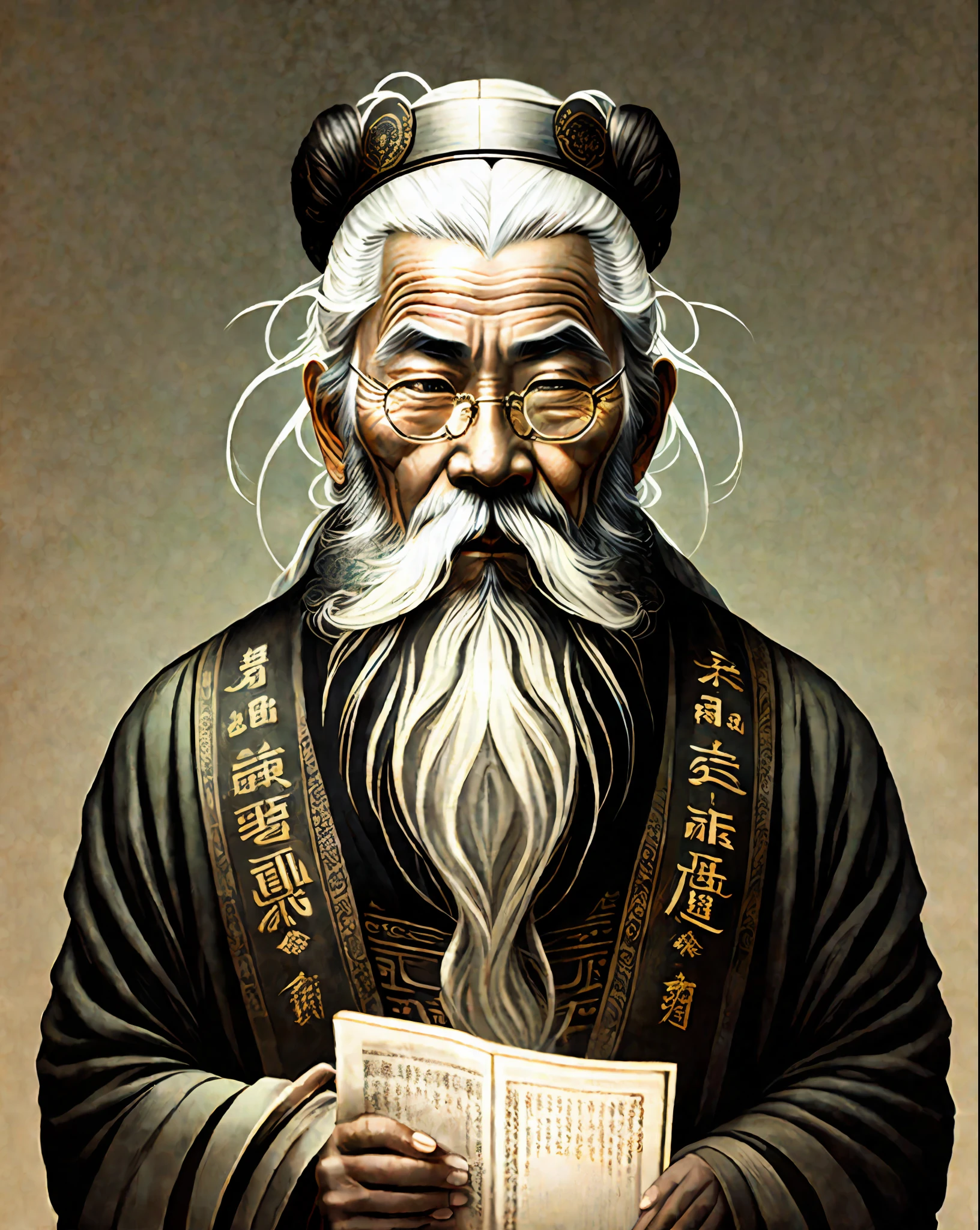 Create an image of an old Chinese sage with beard and white hair holding an ancient scripture with black background